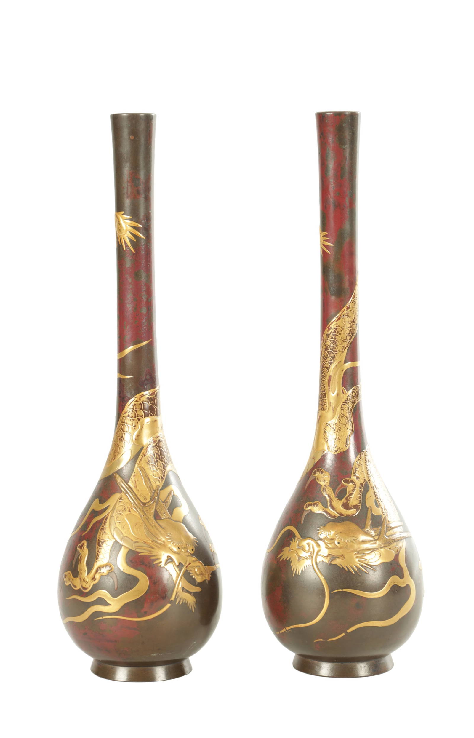 A PAIR OF JAPANESE MEIJI PERIOD BRONZE AND GILT BOTTLE VASES