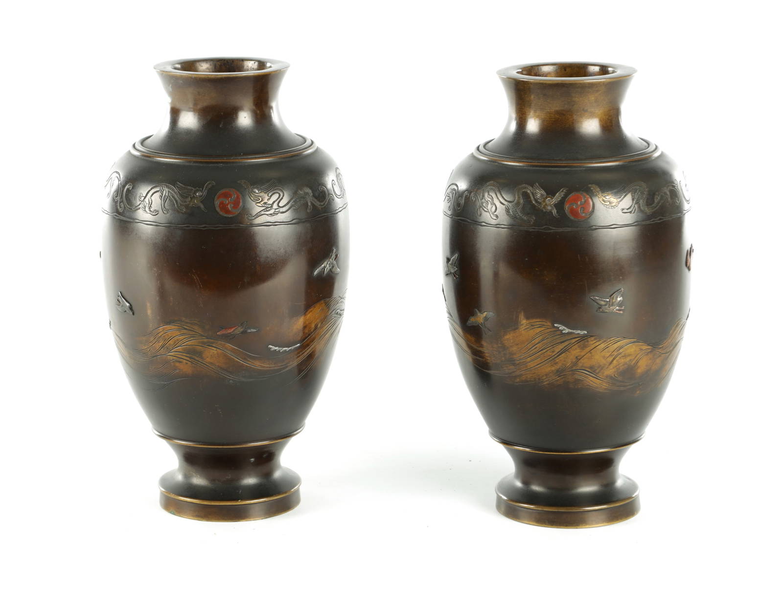 A PAIR OF JAPANESE MEIJI PERIOD BRONZE AND MIXED METAL VASES