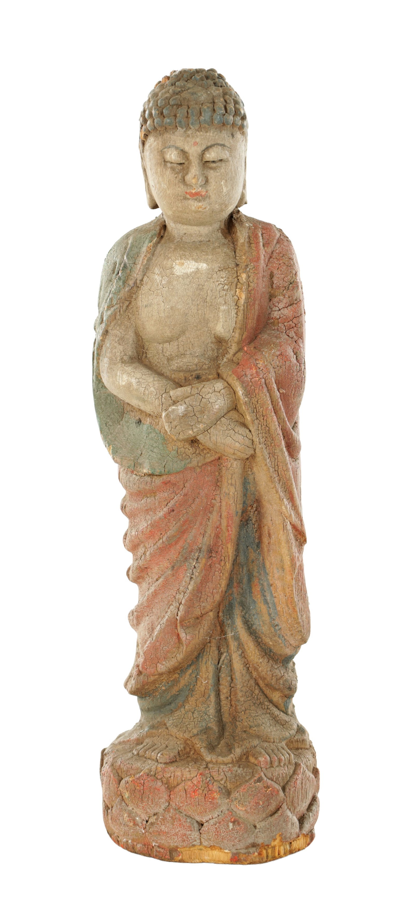 A POLYCHROME PAINTED AND CARVED WOOD STANDING BUDDHA FIGURE (1 of 6)