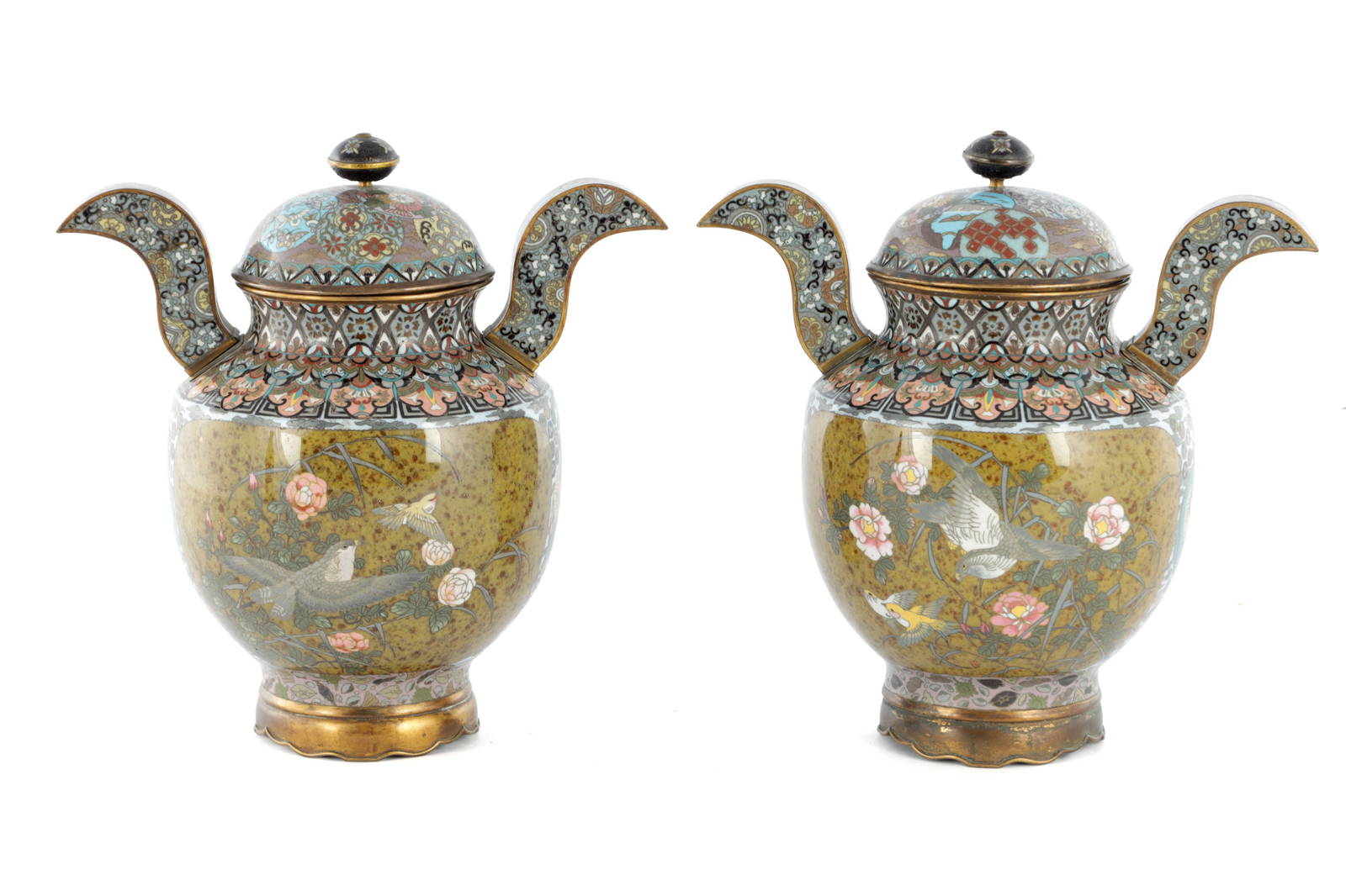 A FINE PAIR OF JAPANESE CLOISONNE MEIJI PERIOD TWO-HANDLED LIDDED VASES
