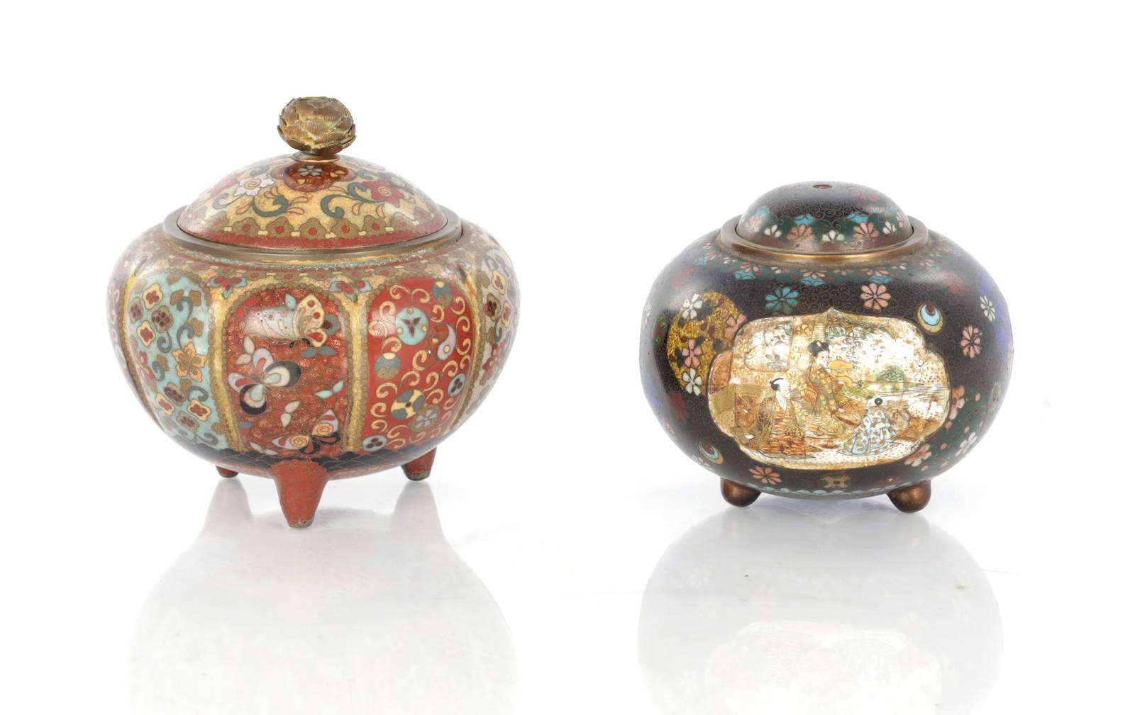 TWO JAPANESE MEIJI PERIOD CLOISONNE VASES AND COVERS