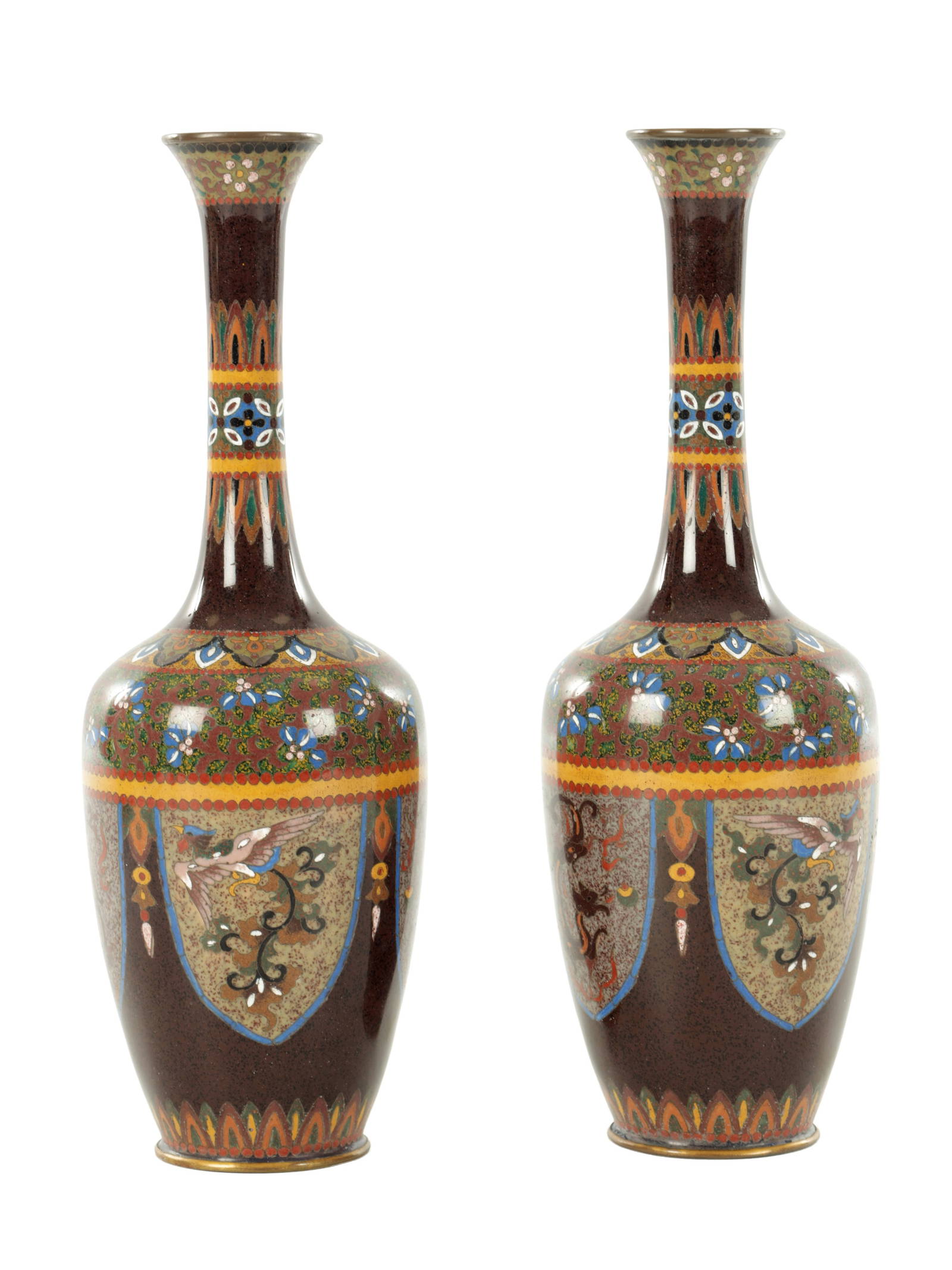 A PAIR OF CASED MEIJI PERIOD JAPANESE CLOISONNÉ SLENDER VASES