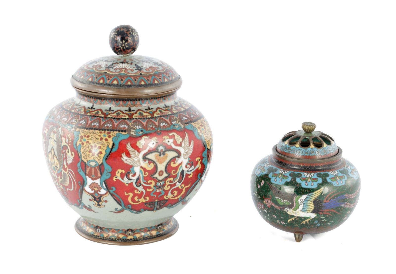 TWO JAPANESE MEIJI PERIOD CLOISONNE ENAMEL COMPRISING OF A KORO AND A LIDDED VASE