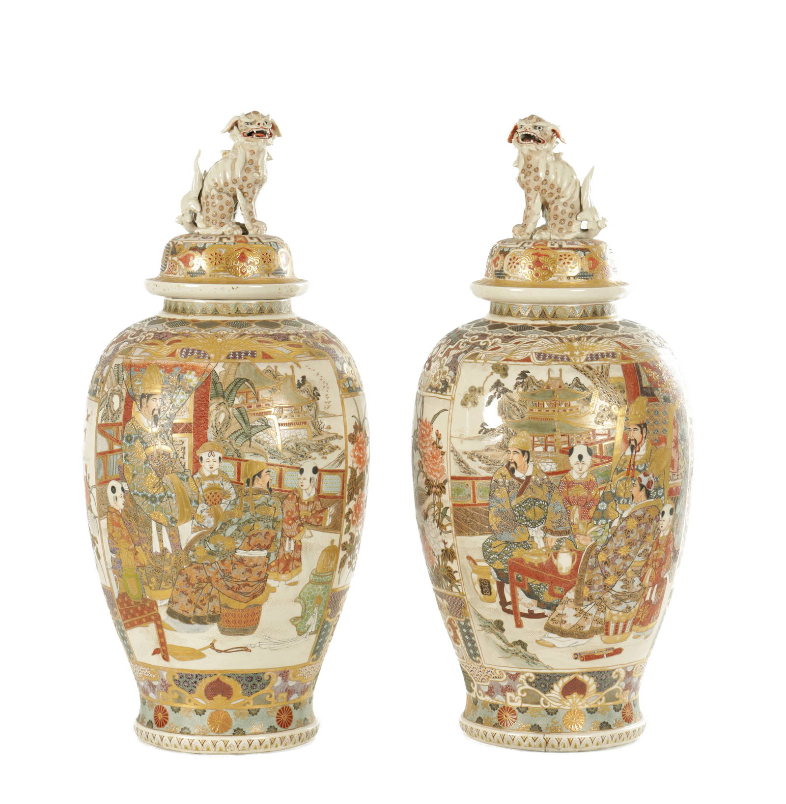 A LARGE PAIR OF JAPANESE MEIJI PERIOD SATSUMA VASES AND COVERS