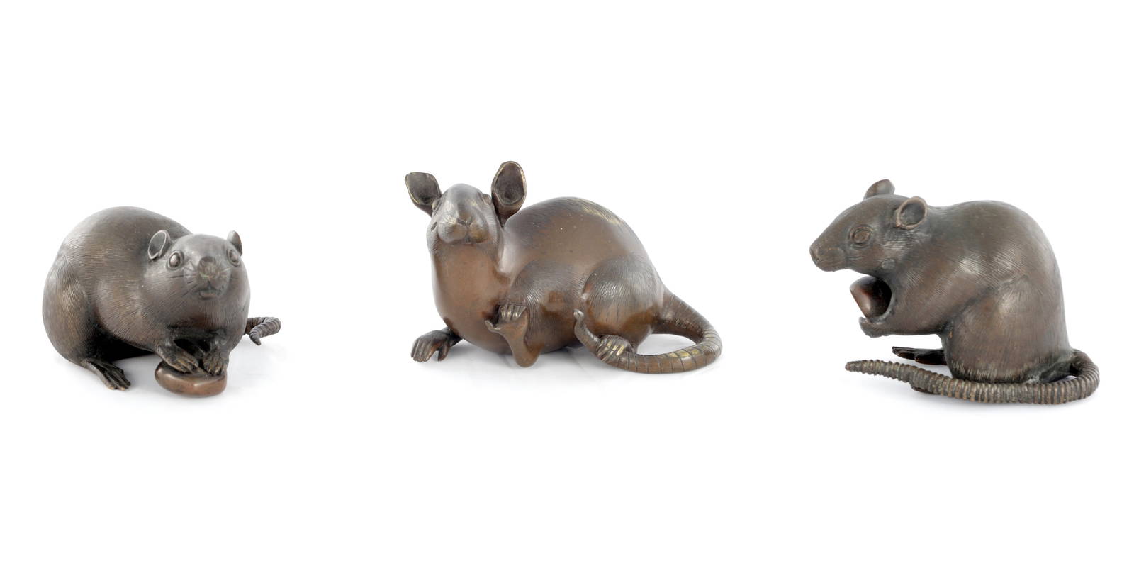 THREE MINIATURE JAPANESE MEIJI PERIOD PATINATED BRONZE SCULPTURES