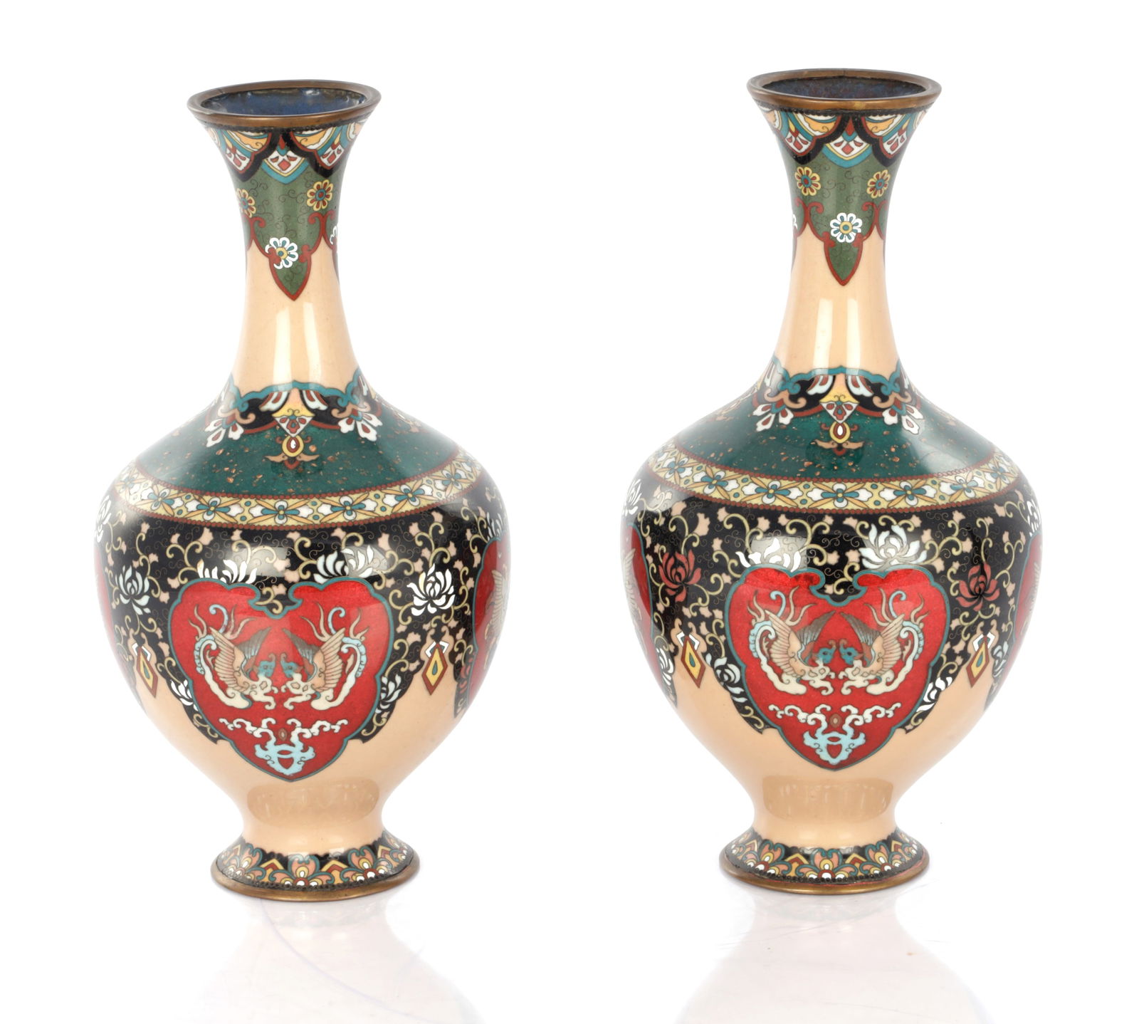 A PAIR OF JAPANESE MEIJI PERIOD CLOISONNE VASES: A PAIR OF JAPANESE MEIJI PERIOD CLOISONNE VASES of bulbous form with slender flared necks decorated with brightly coloured enamels with geometric bands and dragon and insect panels. (30cm high )