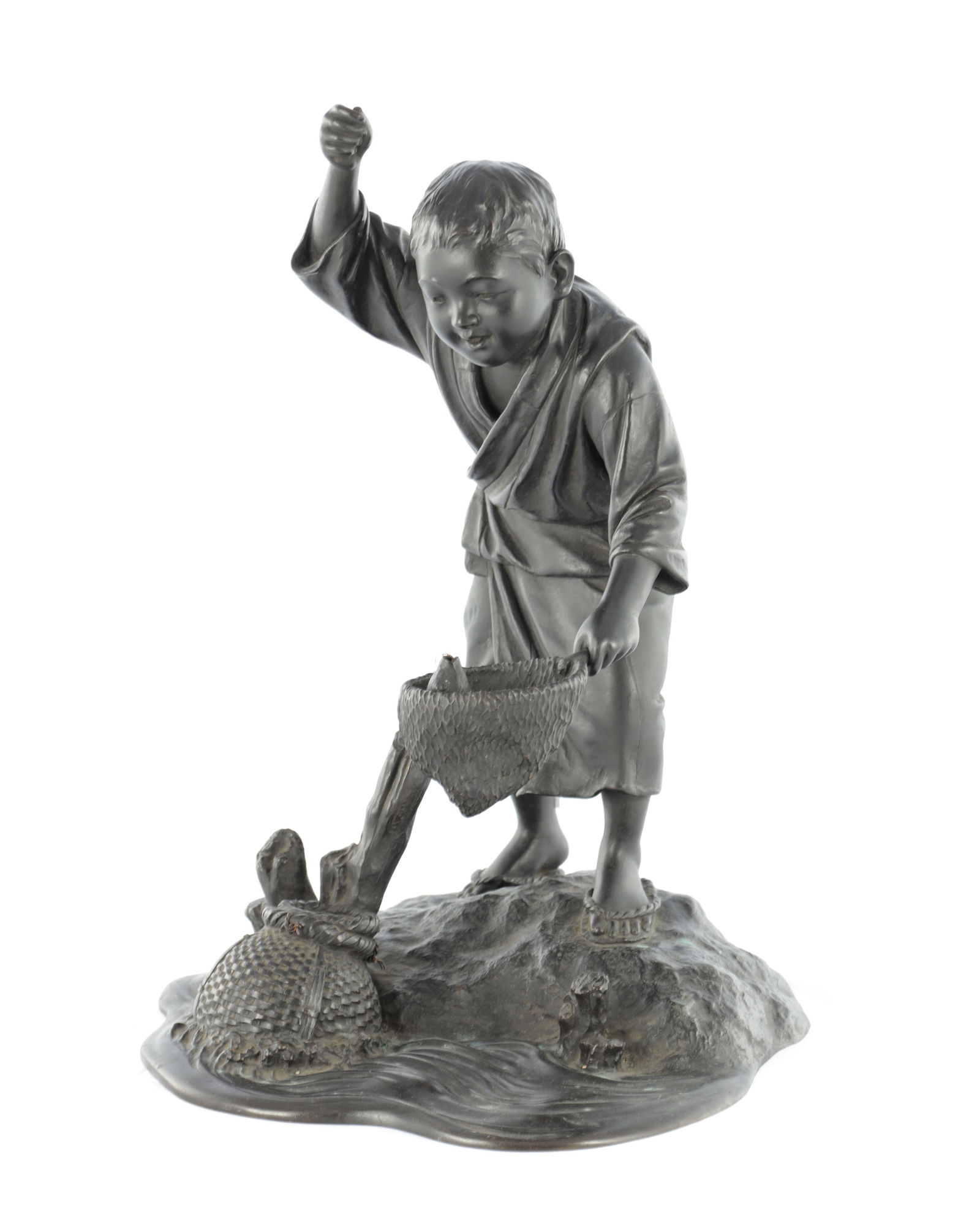 A JAPANESE MEIJI PERIOD TOYKO SCHOOL BRONZE SCULPTURE OF A FISHERBOY (1 of 11)