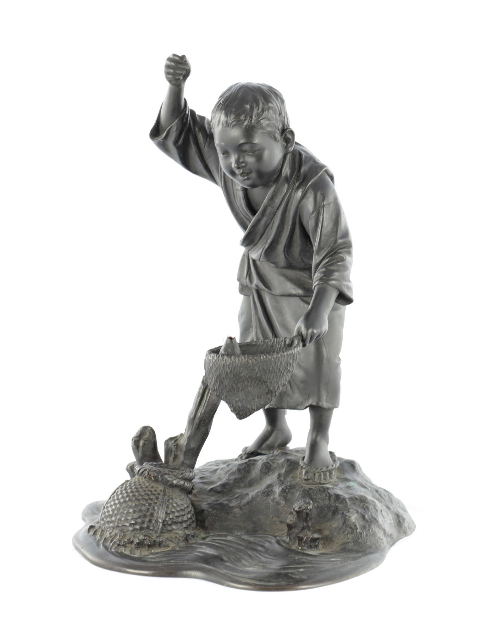 A JAPANESE MEIJI PERIOD TOYKO SCHOOL BRONZE SCULPTURE OF A FISHERBOY