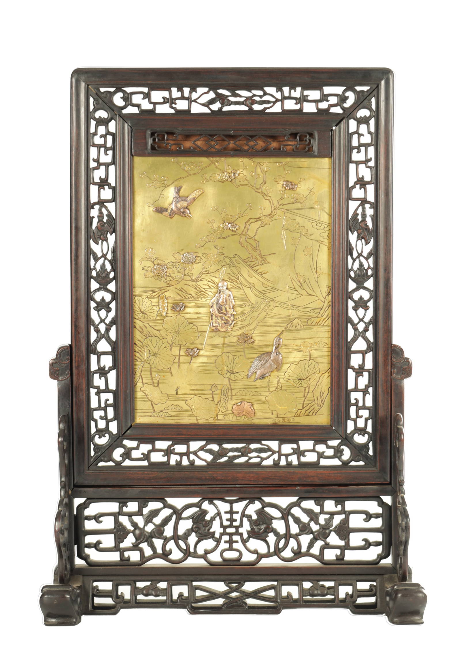 A 19TH CENTURY CHINESE HARDWOOD SCREEN WITH JAPANESE BRONZE MIXED METAL PANEL