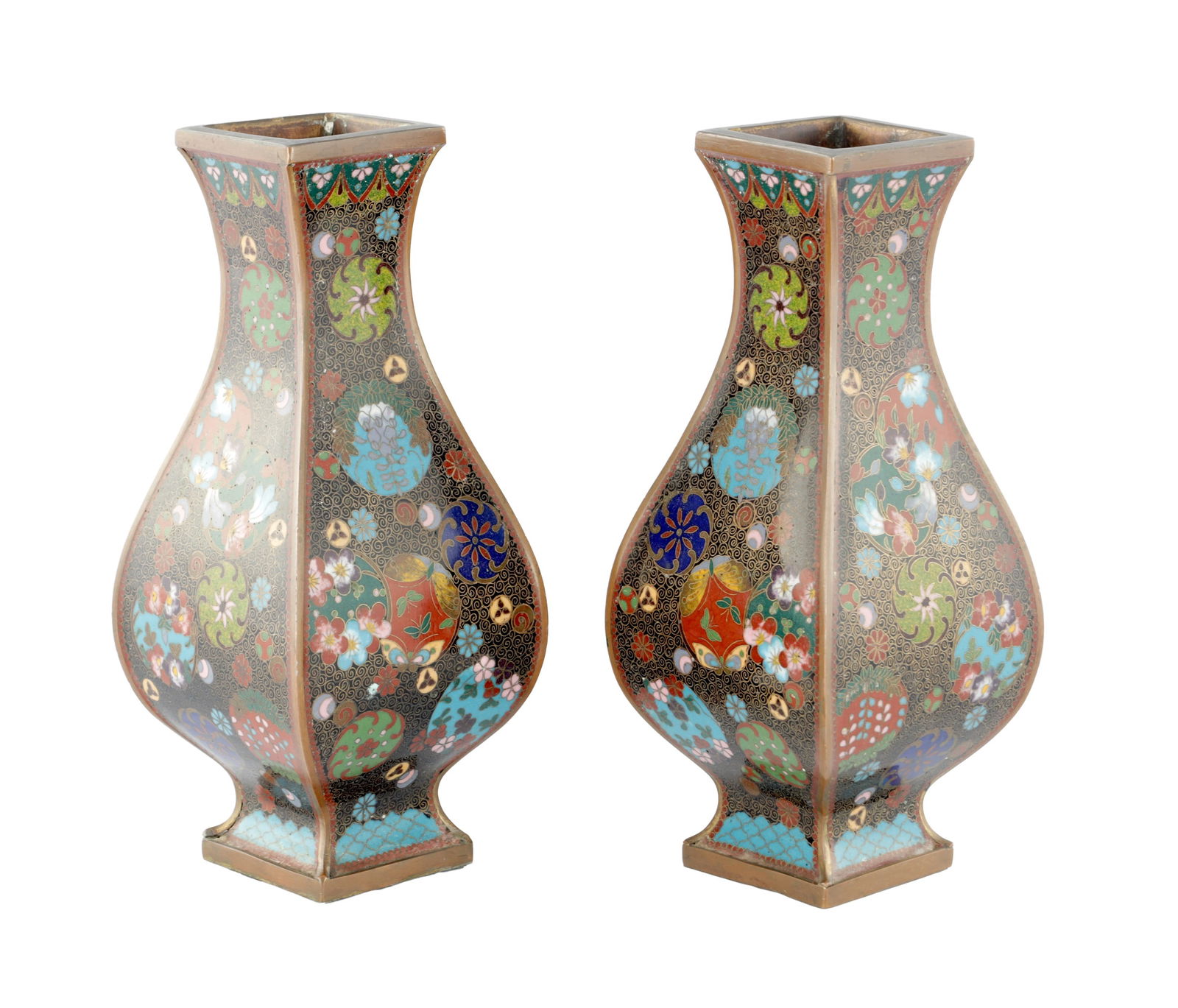 A PAIR OF CHINESE CLOISONNE ENAMEL BULBOUS SQUARE VASES WITH FLARED NECKS: A PAIR OF CHINESE CLOISONNE ENAMEL BULBOUS SQUARE VASES WITH FLARED NECKS the bodies colourfully decorated with stylised leaf work medallions with butterflies on black scrollwork grounds. (21.5cm high