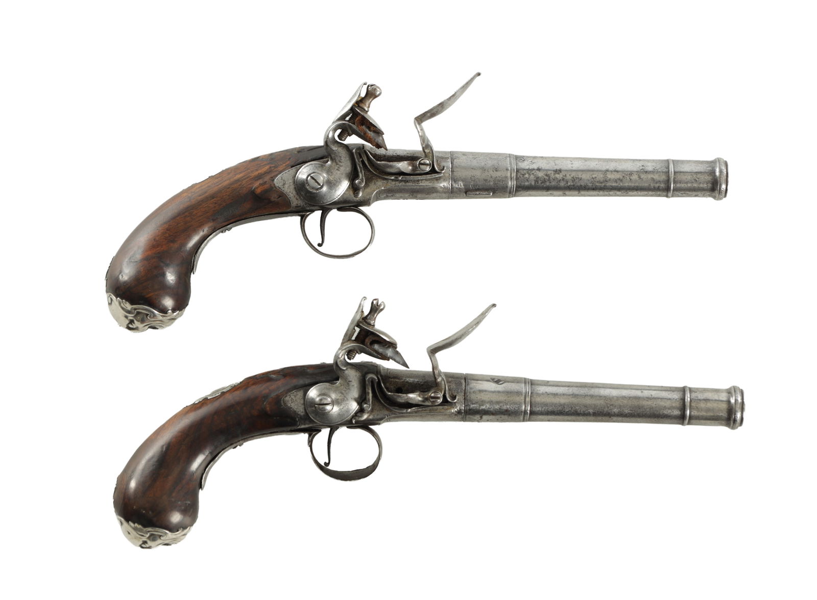 WILSON, LONDON. A RARE PAIR OF 18TH CENTURY FLINTLOCK SILVER-MOUNTED 'QUEEN-ANNE' PISTOLS (1 of 11)