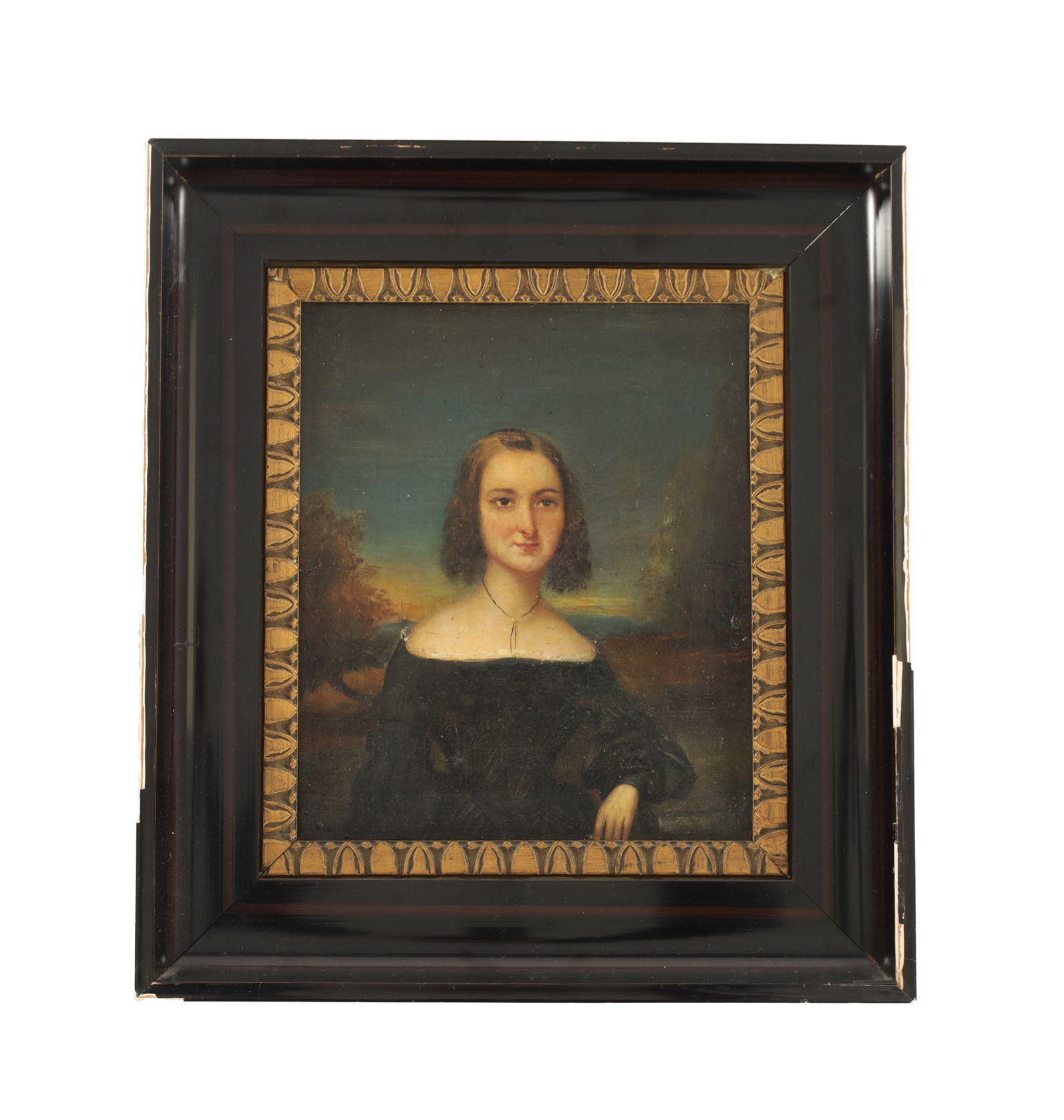 A 19TH CENTURY OIL ON CANVAS PORTRAIT: A 19TH CENTURY OIL ON CANVAS PORTRAIT depicting a young lady with a countryside landscape to the background, unsigned. (25cm high and 20cm wide)