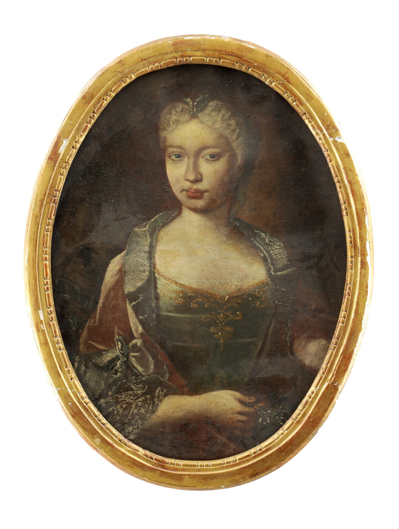 AN 18TH CENTURY OIL ON CANVAS OVAL HALF LENGTH PORTRAIT OF A YOUNG LADY (1 of 7)