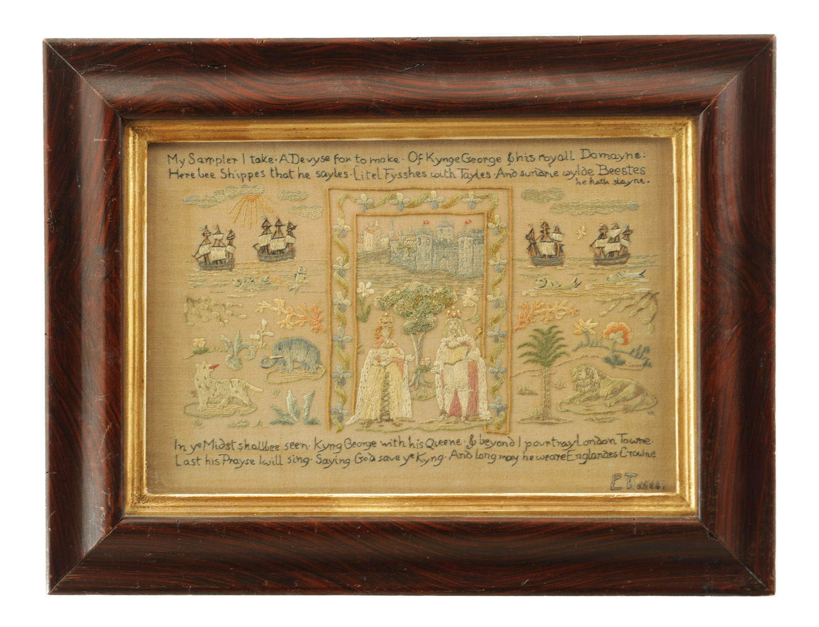 A FINE GEORGE III NEEDLEWORK SAMPLER: A FINE GEORGE III NEEDLEWORK SAMPLER depicting King George and Queen Charlotte surrounded by various animals, fish and ships, verses above and below - initialled and dated 1814. Mounted in the origina