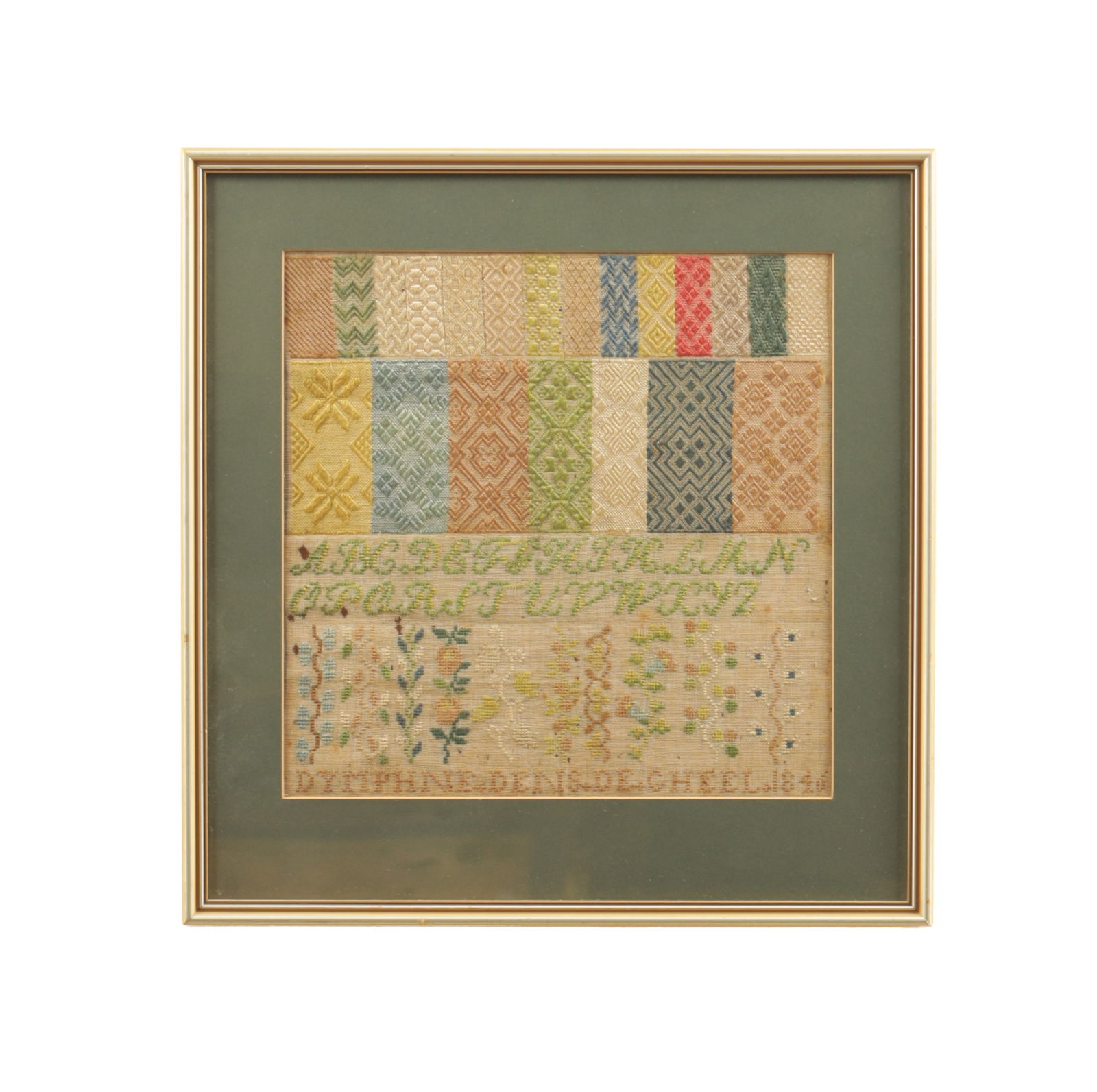 A MID 19TH CENTURY FRENCH SILK SAMPLER: A MID 19TH CENTURY FRENCH SILK SAMPLER dated 1846, work in colourful silk threads, an alphabet sampler with upper bands of darning designs and lower bands of flowers and leaves, all vertical, and fini