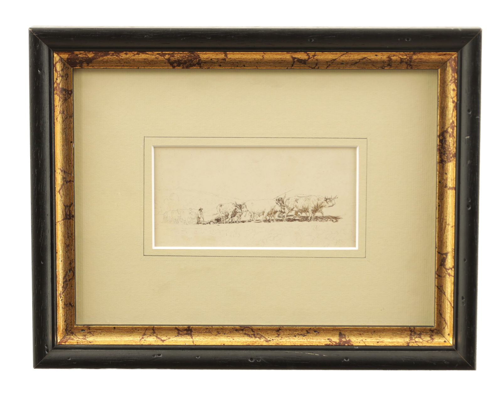 ATT. ROSA BONHEUR (FRENCH 1822 - 1899) A 19TH CENTURY PENCIL AND INK PART SKETCH: ATT. ROSA BONHEUR (FRENCH 1822 - 1899) A 19TH CENTURY PENCIL AND INK PART SKETCH of Rosa Bonheur's painting titled 'Ploughing the Nivernais' (Museé d'Orsay, Paris), the sketch has the front six Charo