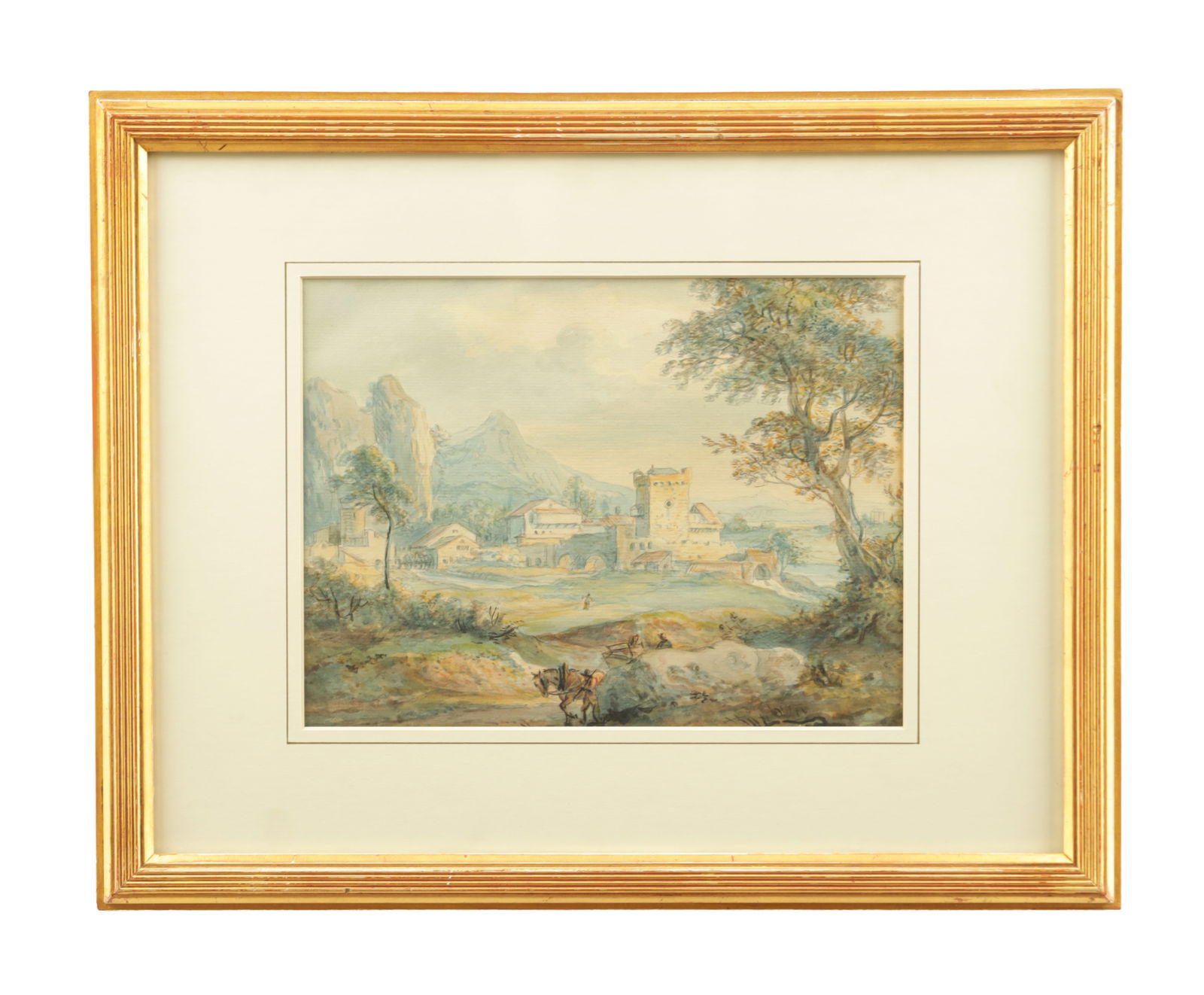 PAUL SANDBY RA (1725 - 1809) AN 18TH CENTURY WATERCOLOUR: PAUL SANDBY RA (1725 - 1809) AN 18TH CENTURY WATERCOLOUR depicting an Italianate landscape with travellers below a castle. Provenance: Sotheby's Thursday 16th July 1987, 18th and 19th Century British