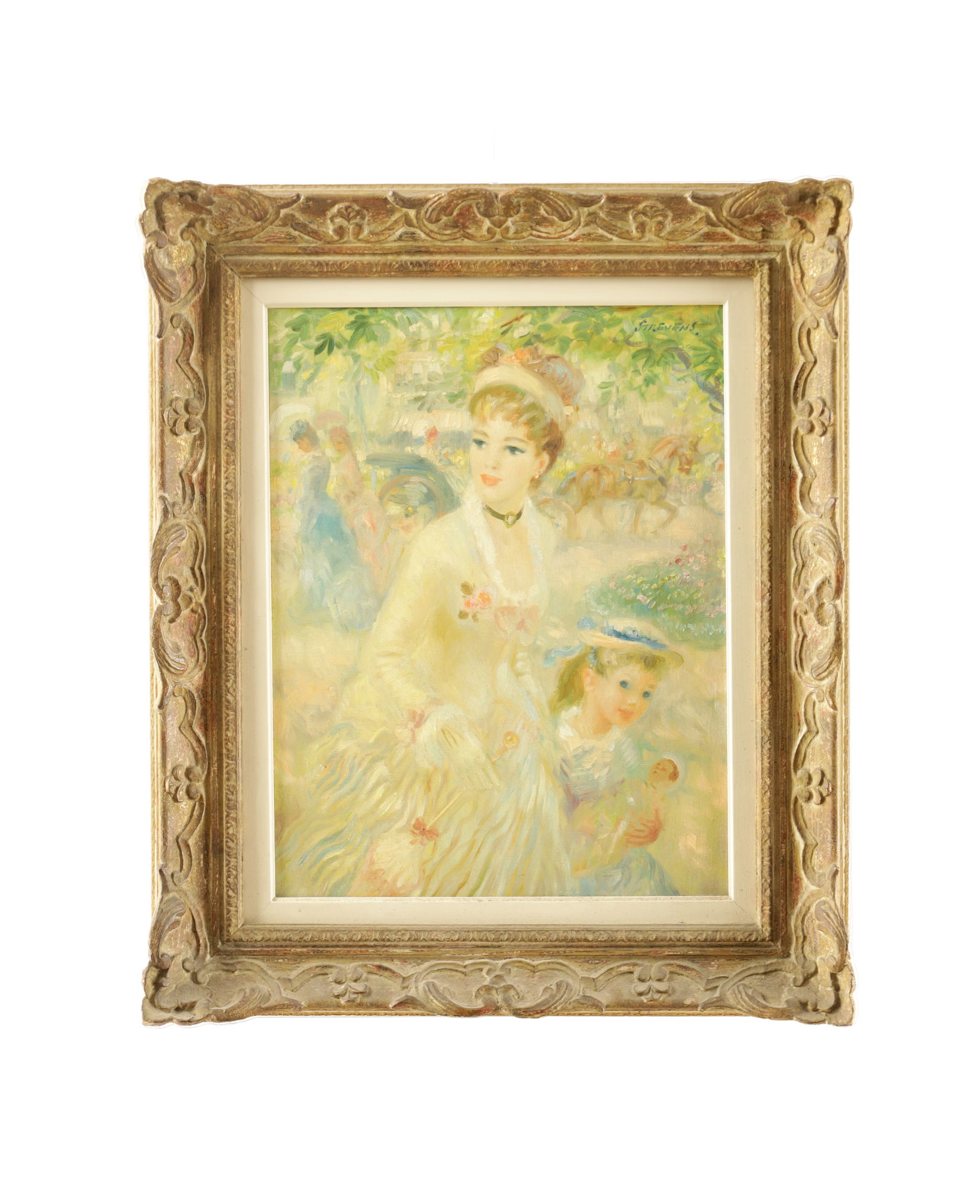 JOHN STREVENS (1902–1990) OIL ON CANVAS TITLED ' A WALK IN THE GARDEN' DATED 1953: JOHN STREVENS (1902–1990) OIL ON CANVAS TITLED ' A WALK IN THE GARDEN' DATED 1953 depicting a mother and daughter walking through a park. Signed 'Strevens' to the top right of the canvas. Titled and