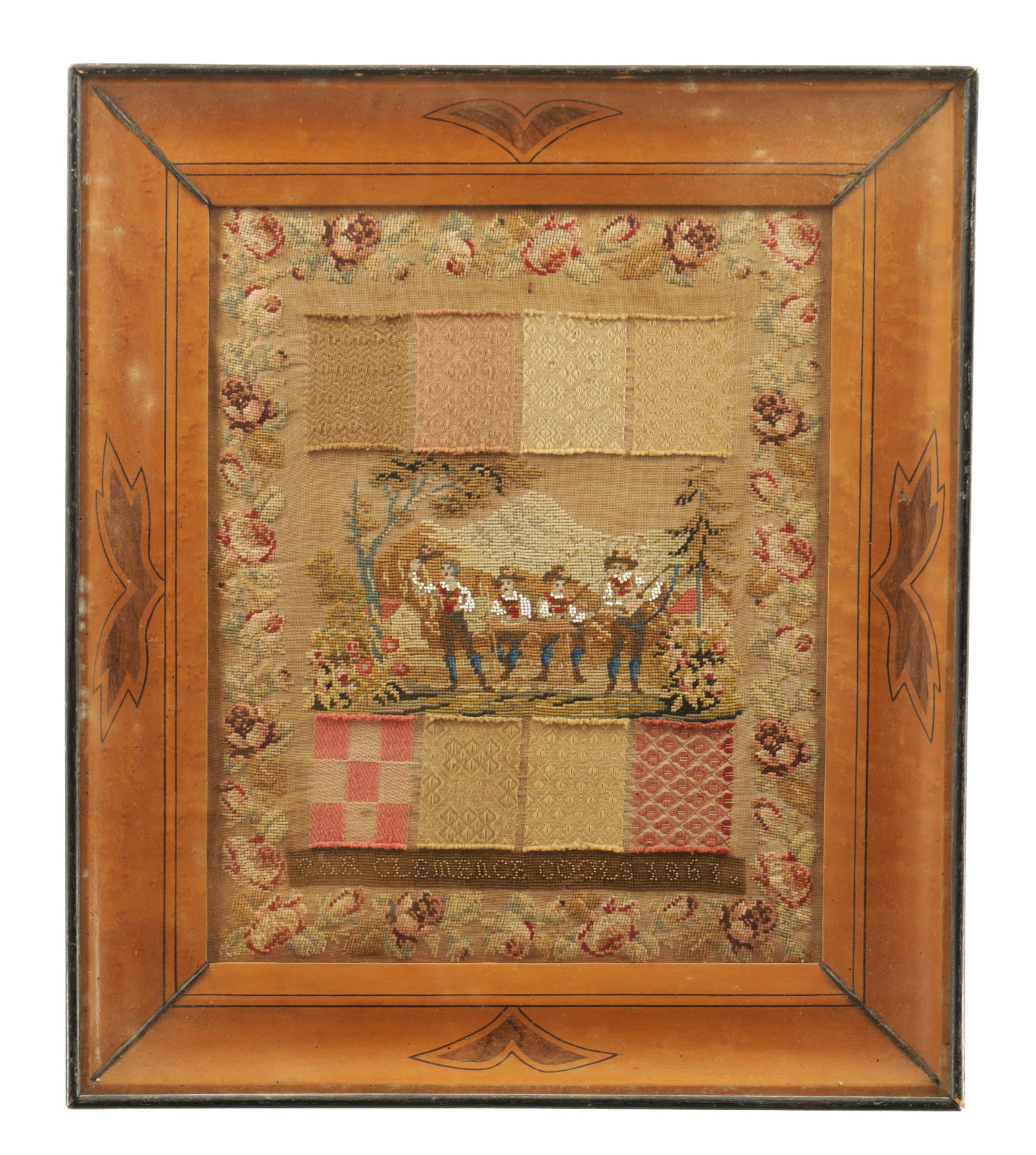 A MID 19TH CENTURY EUROPEAN DARNING SAMPLER: A MID 19TH CENTURY EUROPEAN DARNING SAMPLER unusual with a mix of darning, woolwork, beadwork, with floral border, eight large darns, and a central woolwork panel featuring either Swiss, German or Aus