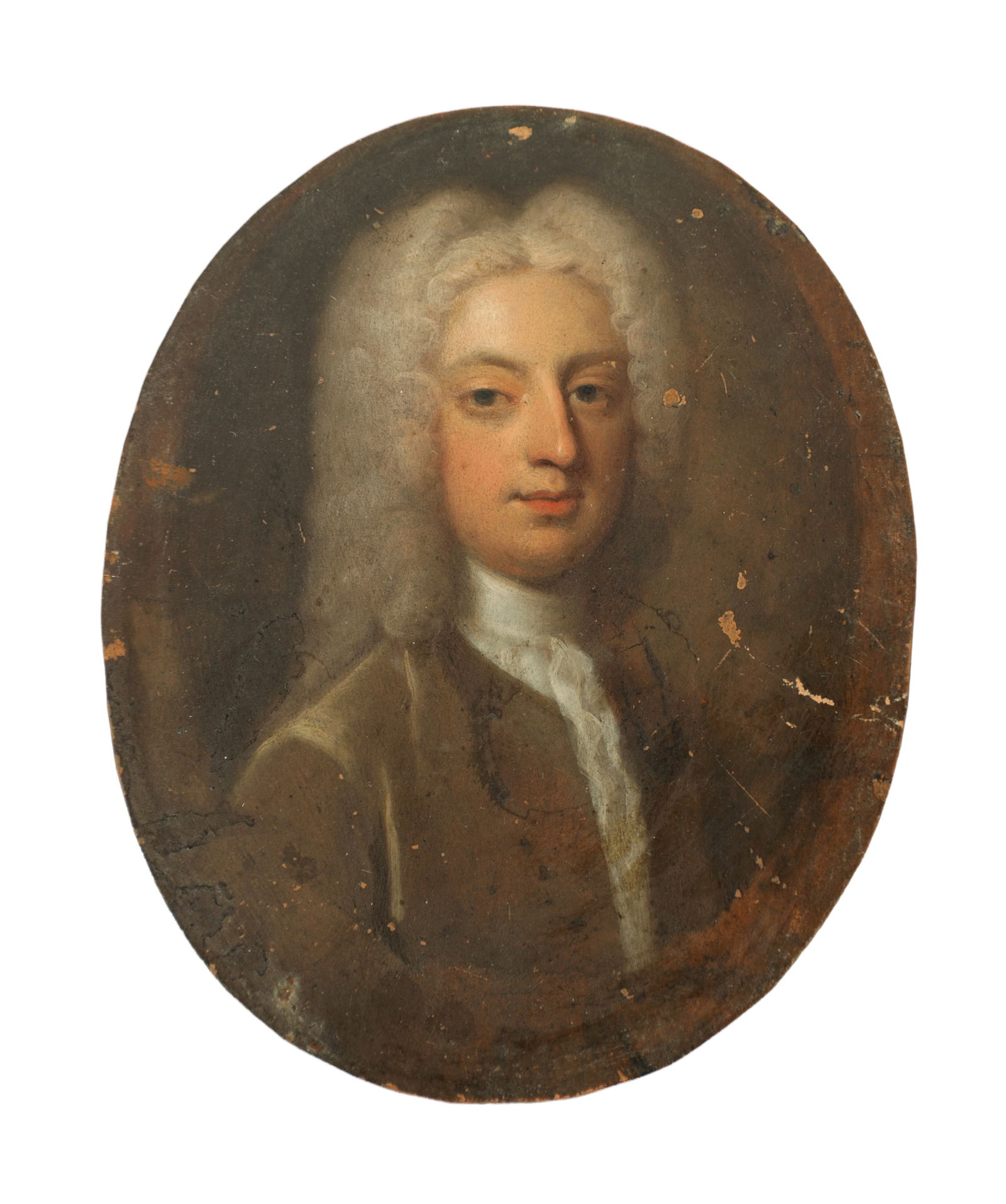 AN EARLY 18TH CENTURY OIL PORTRAIT ON COPPER: AN EARLY 18TH CENTURY OIL PORTRAIT ON COPPER of oval form, depicting a gentleman. (12cm high and 10cm wide)