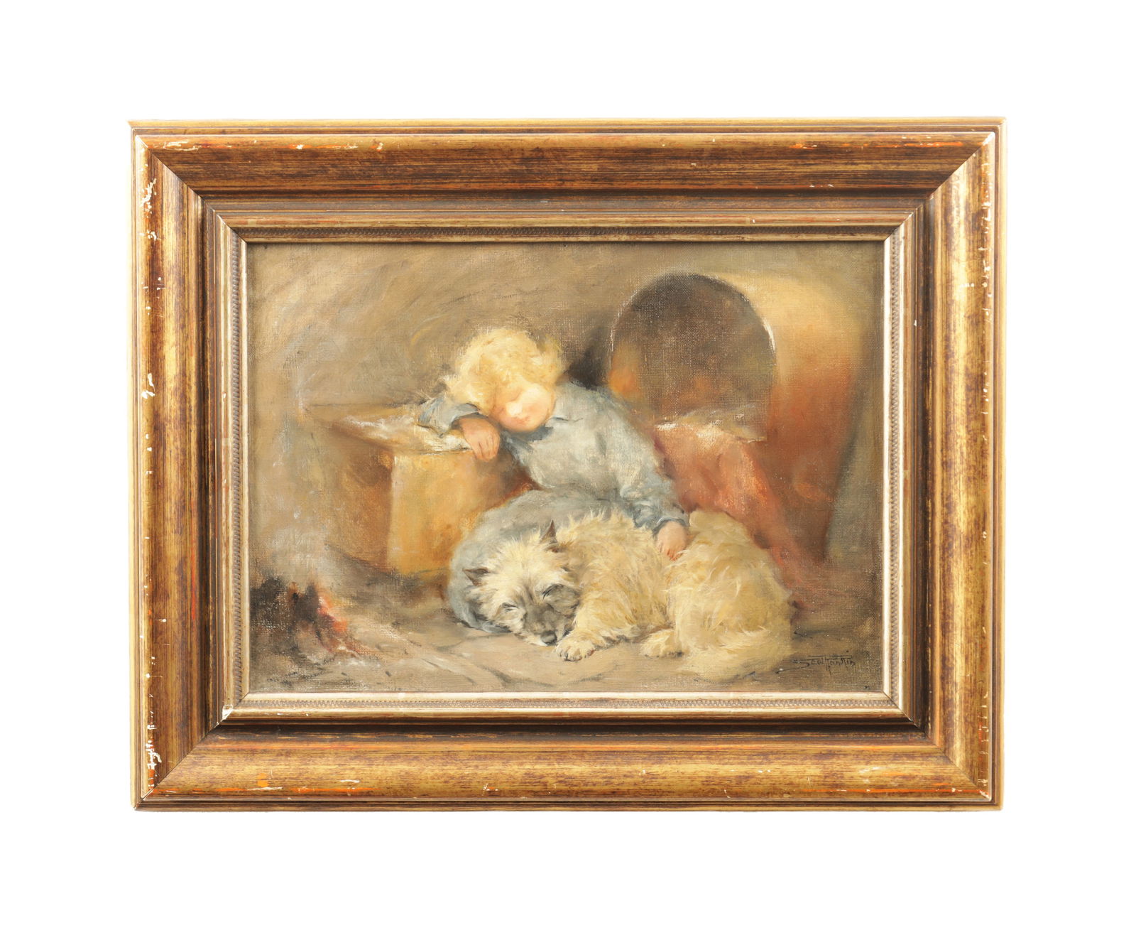 ANDREW SCOTT RANKIN (1868-1942). A LATE 19TH / EARLY 20TH CENTURY OIL ON CANVAS "DROWSEY: ANDREW SCOTT RANKIN (1868-1942). A LATE 19TH / EARLY 20TH CENTURY OIL ON CANVAS "DROWSEY FIRE-WATCHERS" depicting a sleeping girl with her dog - signed and inscribed on reverse in moulded frame. (24.5