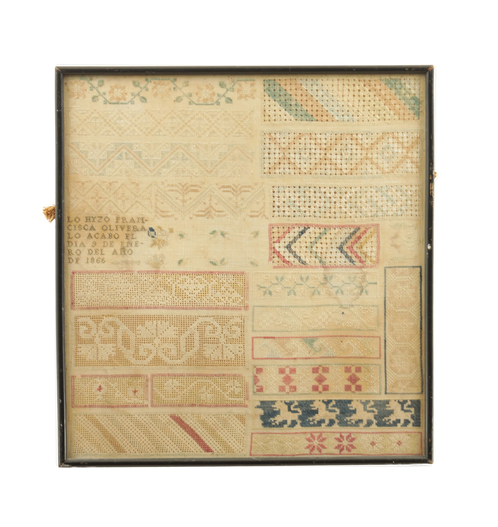 FRANCISCA OLIVERA (1866) A MID 19TH CENTURY MEXICAN NEEDLEWORK SAMPLER: FRANCISCA OLIVERA (1866) A MID 19TH CENTURY MEXICAN NEEDLEWORK SAMPLER finished on the 9th of January 1866, a fine Mexican needlework sampler incorporating colourful silk embroidery, drawn thread work