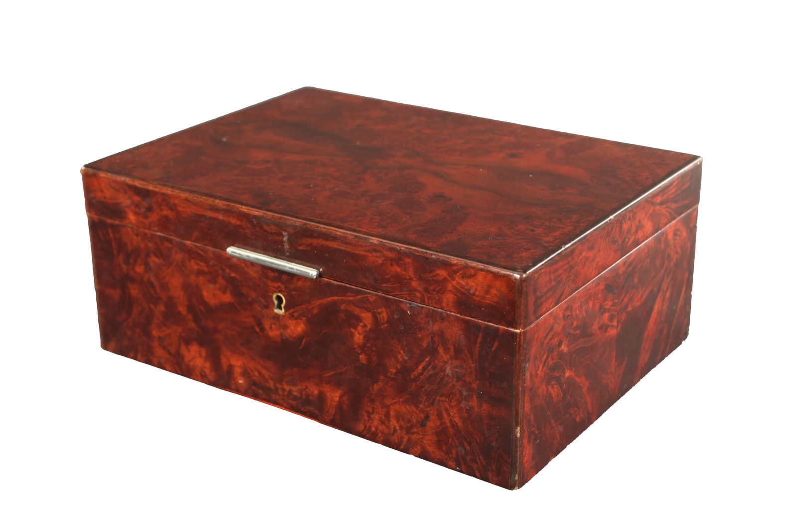 A 20TH CENTURY BURR WALNUT DUNHILL HUMIDOR: A 20TH CENTURY BURR WALNUT DUNHILL HUMIDOR with cedar and glass-lined interior, having chrome fittings, with a humidifier to the inside of the lid. Stamped Humidor Paris to the underside. (12cm high,