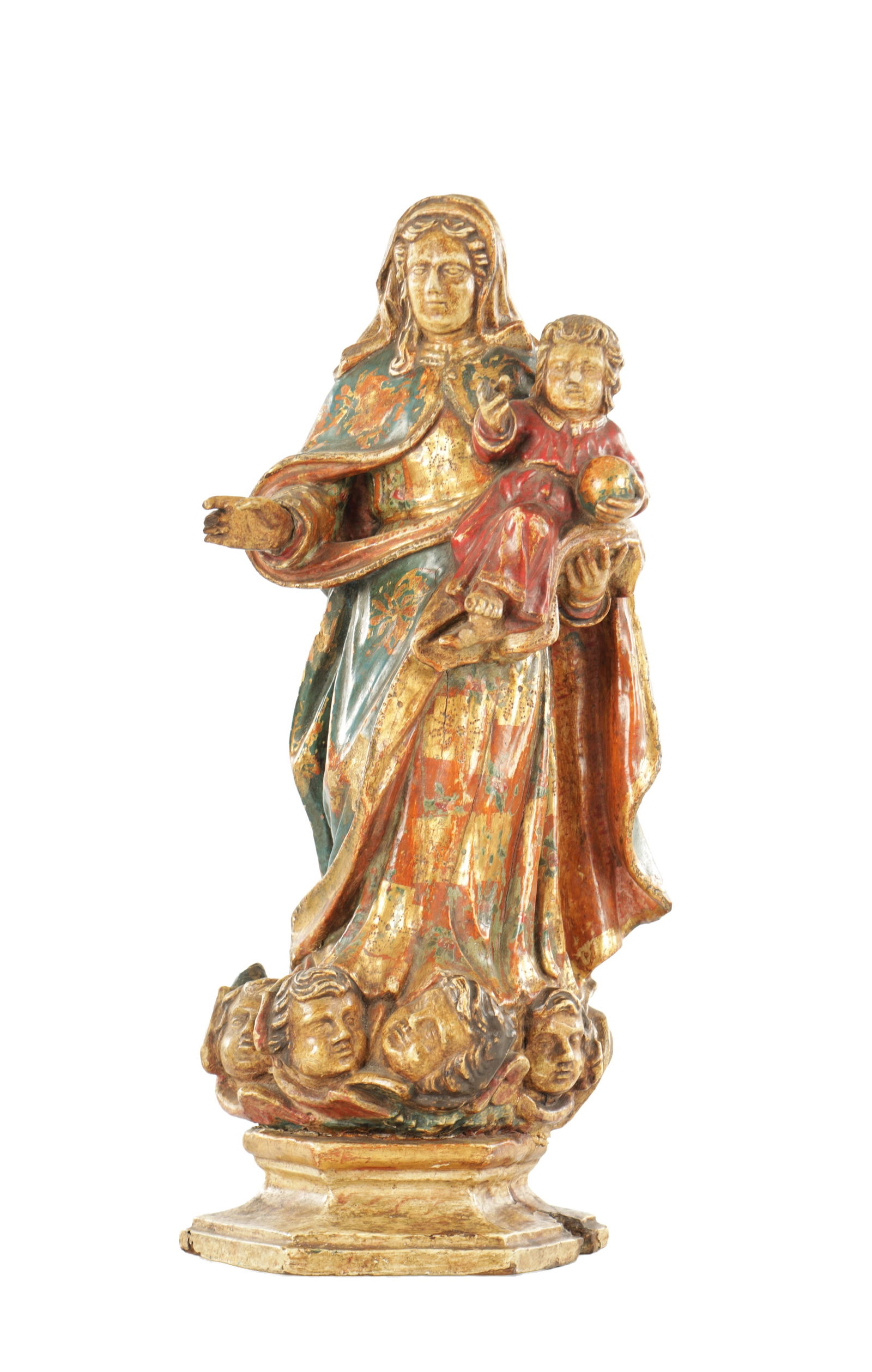 A 17TH CENTURY CARVED GILT GESSO AND POLYCHROME DECORATED FIGURE OF MADONNA AND CHILD (1 of 7)