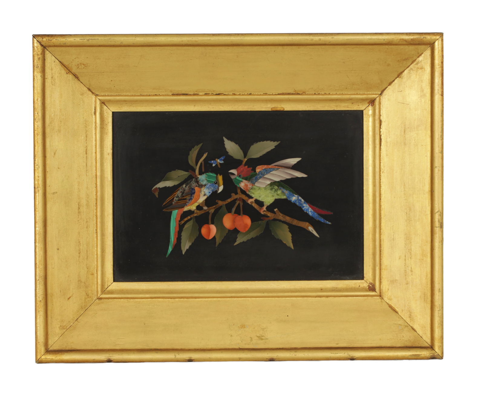 A FRAMED 19TH CENTURY FLORENTINE PIETRA DURA PANEL: A FRAMED 19TH CENTURY FLORENTINE PIETRA DURA PANEL inlaid in various marbles depicting two parrats on an orange branch. - in gilt moulded frame. (panel measures 16.5cm high, 24cm wide)