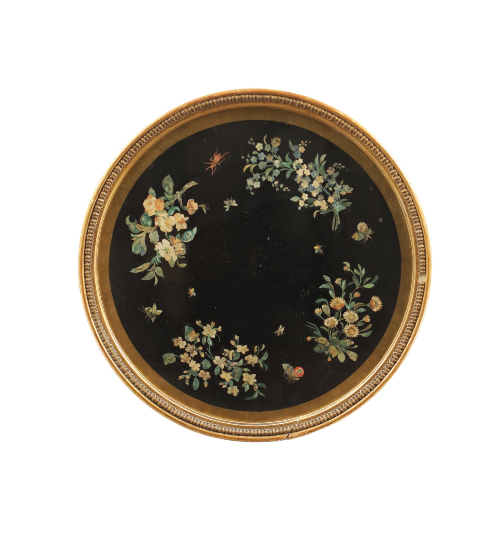 A LATE 19TH CENTURY IRISH HANGING MOASIC PAPER AND SLATE PLAQUE ENTITLED ON REVERSE "FLORENTINE: A LATE 19TH CENTURY IRISH HANGING MOASIC PAPER AND SLATE PLAQUE ENTITLED ON REVERSE "FLORENTINE MOASIC" constructed from collage paper depicting flowering sprays and insets - glazed in gilt circular f