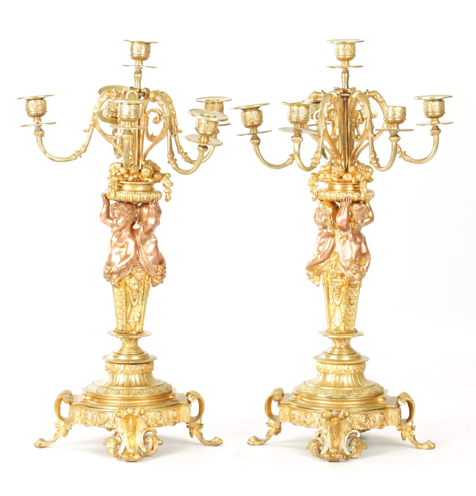 A PAIR OF 19TH CENTURY FRENCH GILT BRONZE FIGURAL FIVE BRANCH CANDELABRA (1 of 14)
