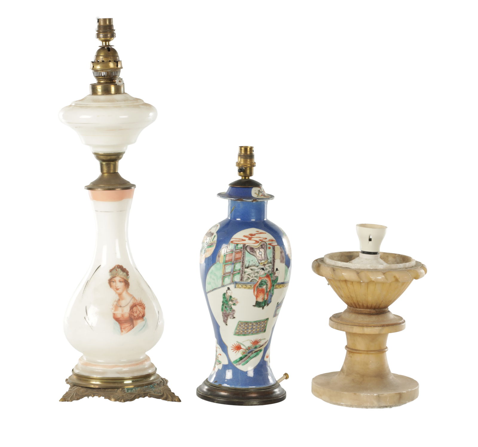 A COLLECTION OF THREE 19TH/20TH CENTURY TABLE LAMPS: A COLLECTION OF THREE 19TH/20TH CENTURY TABLE LAMPS comprising of a 20th century Chinese famille rose porcelain table lamp having two panels depicting figural scenes, smaller panels depicting countrys