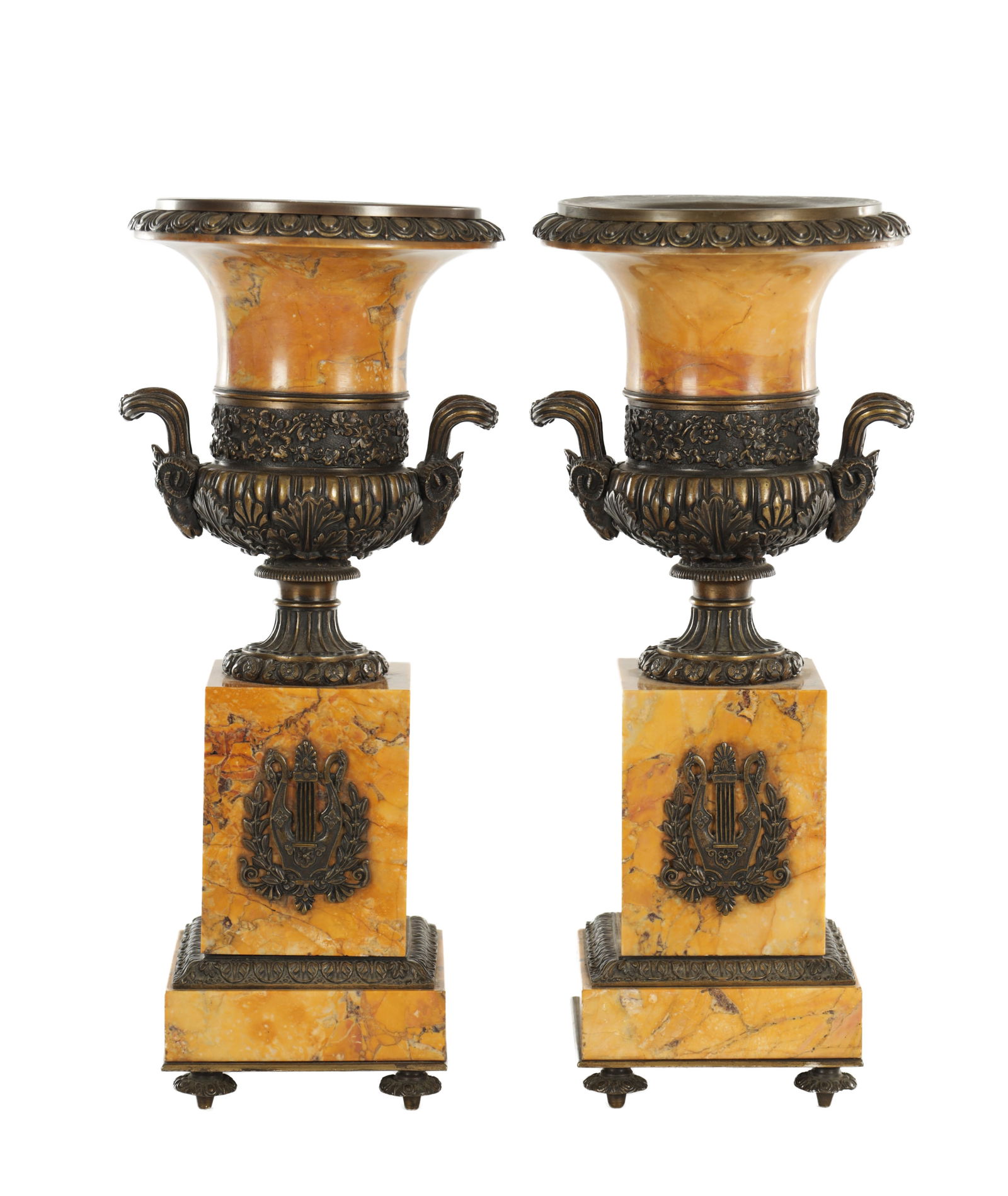 A PAIR OF 19TH CENTURY REGENCY STYLE BRONZE AND SIENA MARBLE URNS (1 of 7)