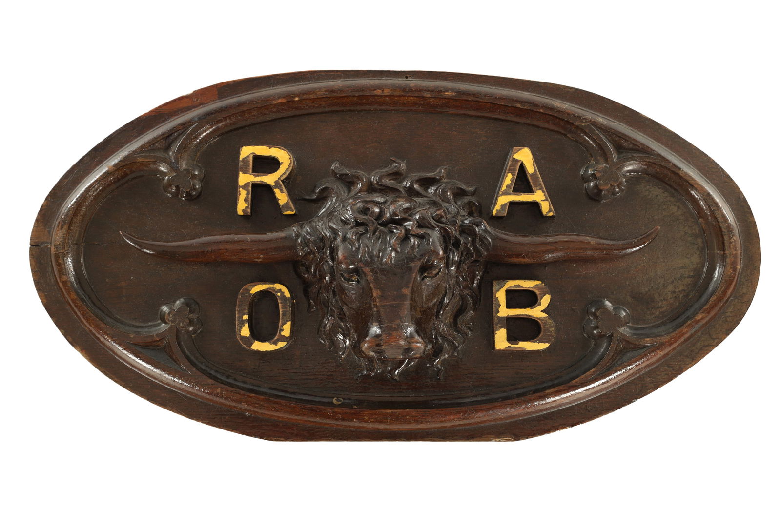 A 19TH CENTURY CARVED OAK WALL PLAQUE FOR THE ROYAL ANTEDILUVIAN ORDER OF BUFFALOES (RAOB): A 19TH CENTURY CARVED OAK WALL PLAQUE FOR THE ROYAL ANTEDILUVIAN ORDER OF BUFFALOES (RAOB) of oval form with carved bull and gilt initials for the Royal Antediluvian Order of Buffaloes (RAOB), which i