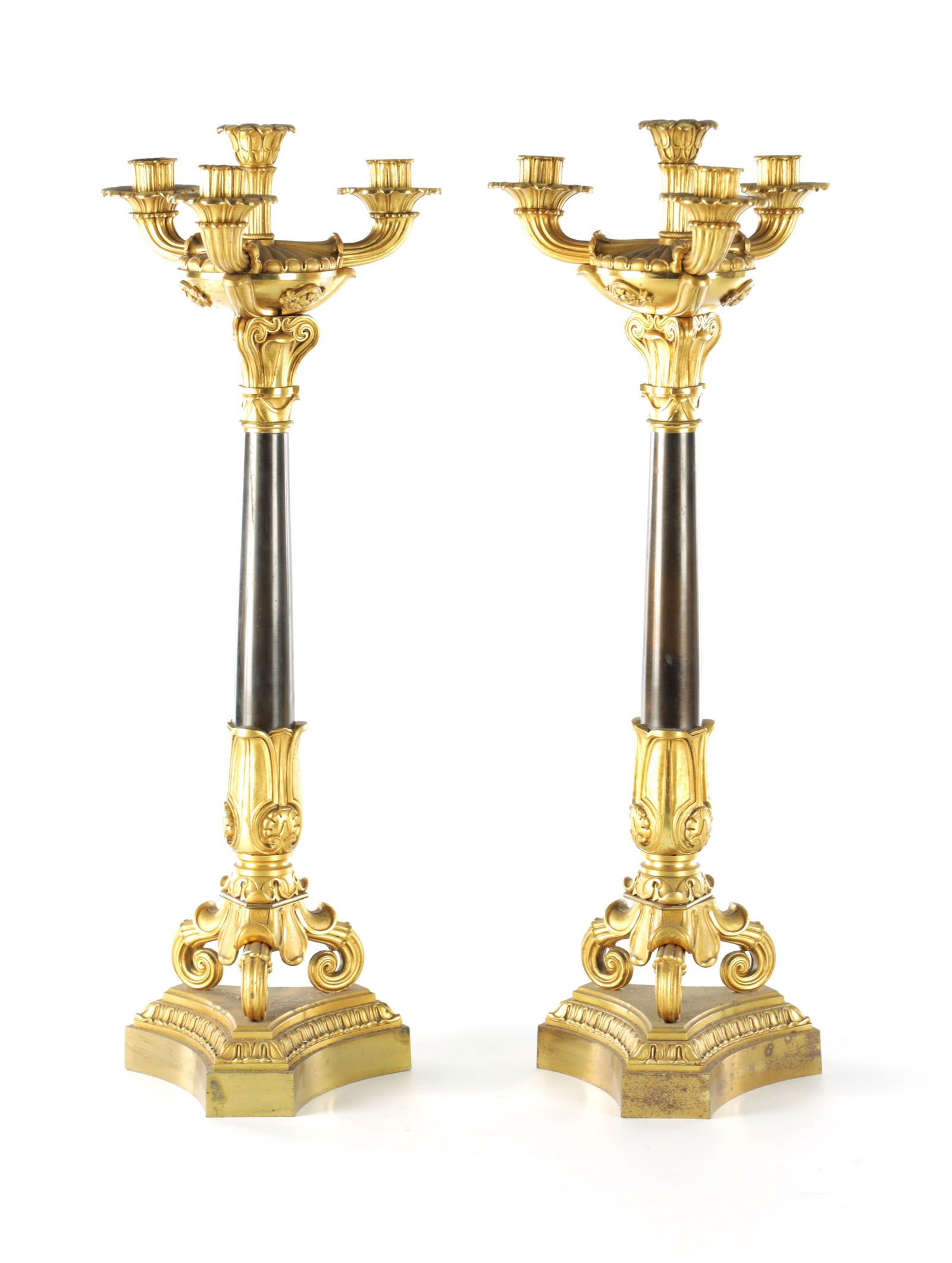 A PAIR OF 19TH CENTURY REGENCY STYLE BRONZE AND GILT BRONZE THREE BRANCH CANDELARBRA (1 of 9)