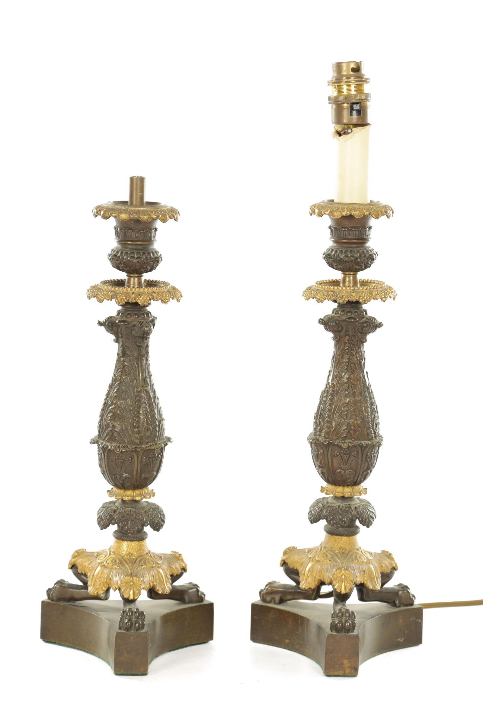 A PAIR OF REGENCY STYLE BRONZE AND GILT BRONZE LAMP BASES (1 of 8)