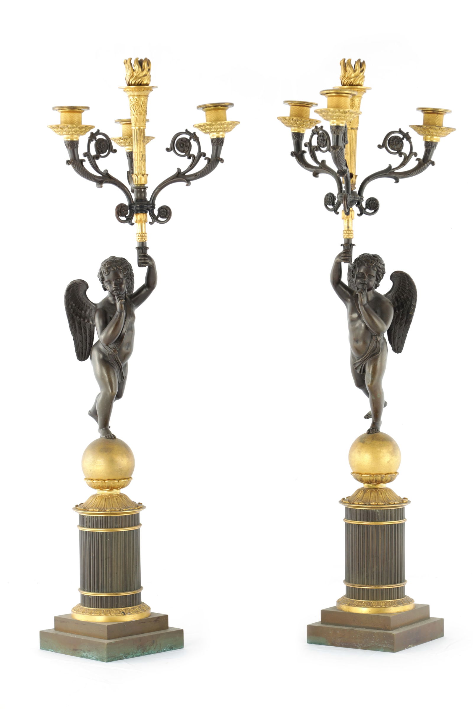 A PAIR OF 19TH CENTURY FRENCH BRONZE AND GILT BRONZE FOUR BRANCH FIGURAL CANDELABRA (1 of 16)