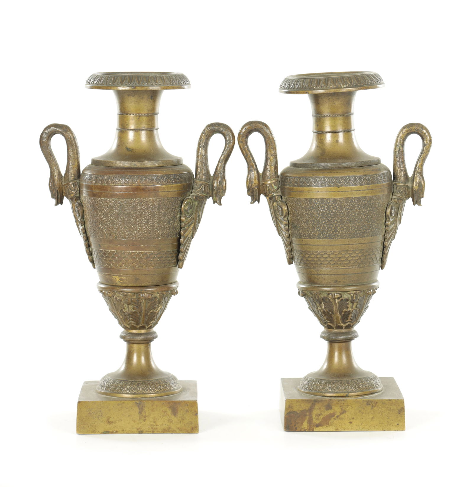 A FINE QUALITY PAIR OF FRENCH EMPIRE BRONZE VASIFORM URNS (1 of 10)