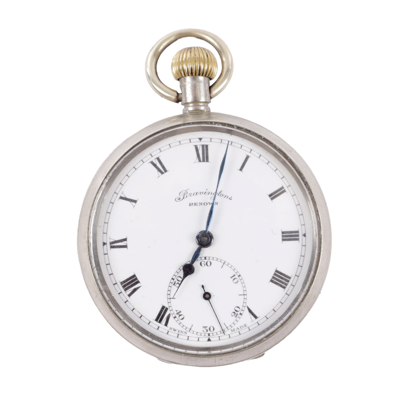 BRAVINGTONS, RENOWN. A SWISS SILVER POCKET WATCH: BRAVINGTONS, RENOWN. A SWISS SILVER POCKET WATCH, having a keyless wound spring driven movement with jewelled compensated lever escapement. (49mm diameter)