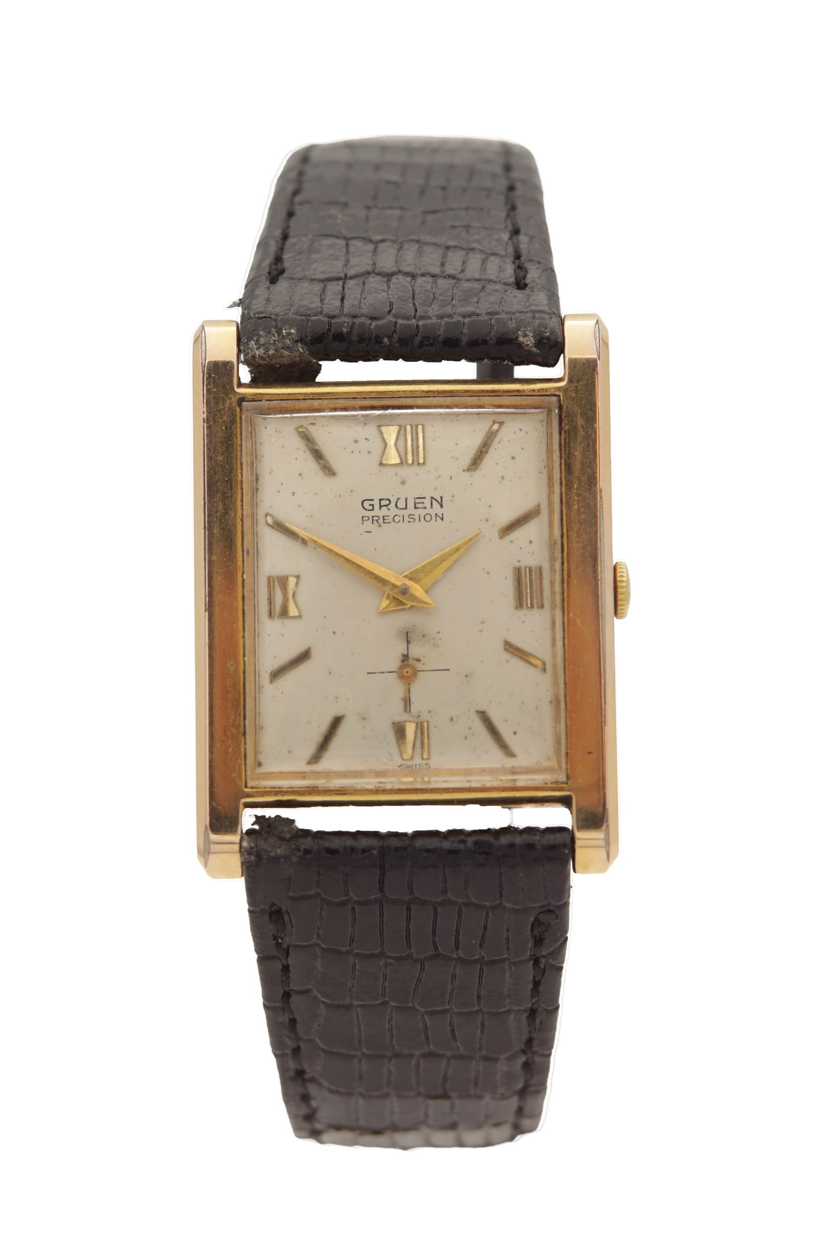 A MID 20TH CENTURY ROLLED GOLD GRUEN PRECISION WRISTWATCH: A MID 20TH CENTURY ROLLED GOLD GRUEN PRECISION WRISTWATCH the rectangular case enclosing a silvered dial with applied gilt baton and Roman numeral hour markers, signed Gruen Precision, with subsidiary