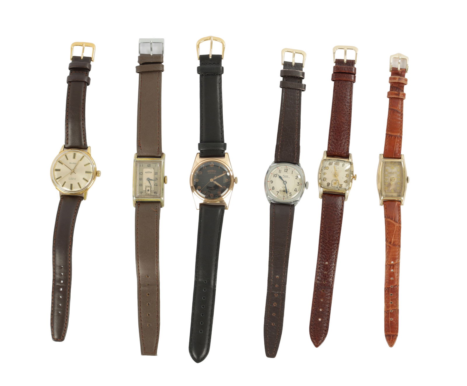 A COLLECTION OF SIX VINTAGE MANUAL WINDING WRISTWATCHES: A COLLECTION OF SIX VINTAGE MANUAL WINDING WRISTWATCHES five with gold-plated cases and one stainless steel case, by Roamer, Rhone, Buren, Elgin, and Bulova. All are in working condition. (6)