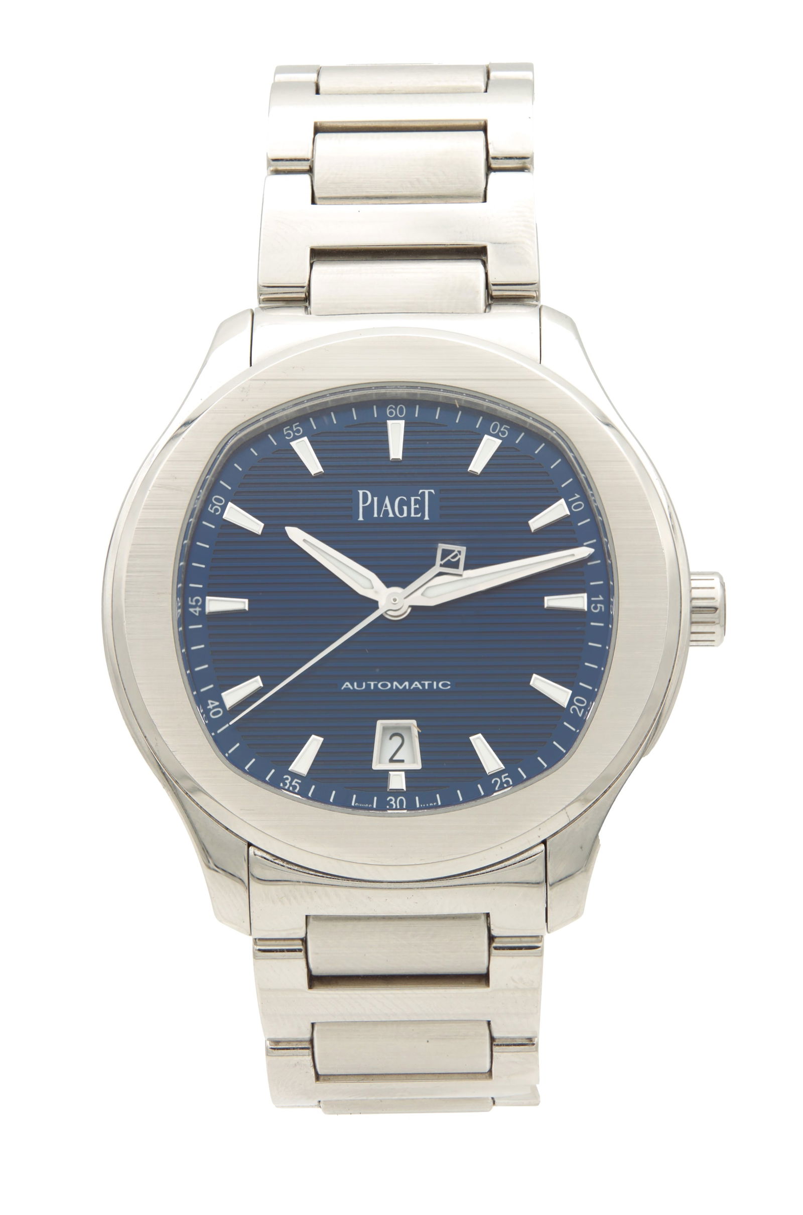 A GENTLEMAN'S STAINLESS STEEL PIAGET POLO S AUTOMATIC WRISTWATCH: A GENTLEMAN'S STAINLESS STEEL PIAGET POLO S AUTOMATIC WRISTWATCH on original steel bracelet. The case with sapphire crystal back and brushed steel bezel enclosing a blue dial with baton hour markers,