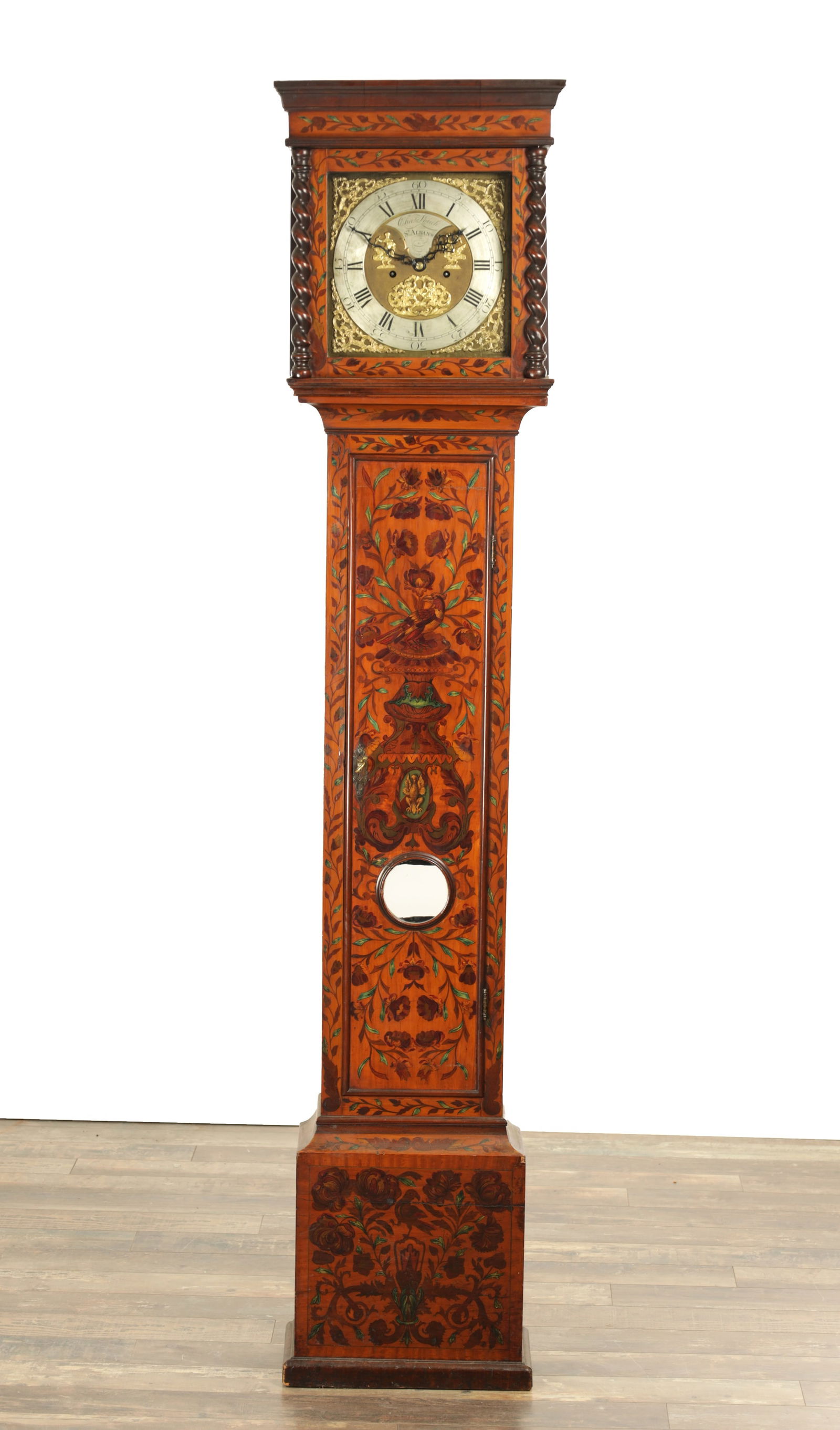 CHARLES LOUCH, ST ALBANS, AN 18TH CENTURY AND LATER EIGHT-DAY PAINTED MARQUETRY LONGCASE CLOCK (1 of 9)