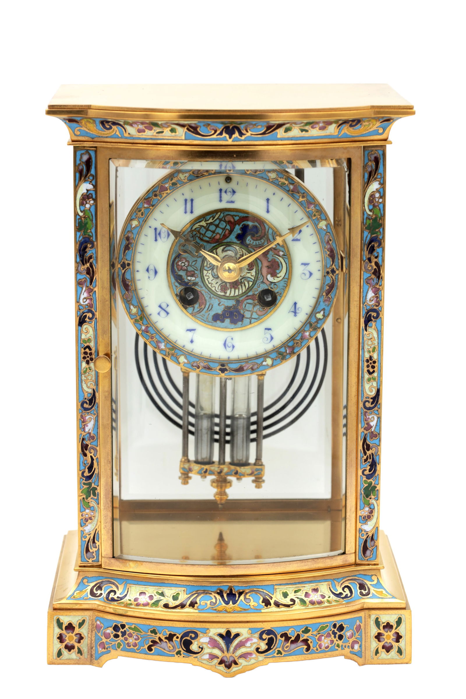 A 19TH CENTURY FRENCH CHAMPLEVE ENAMEL GILT BRASS BOW-FRONTED FOUR GLASS MANTEL CLOCK (1 of 10)