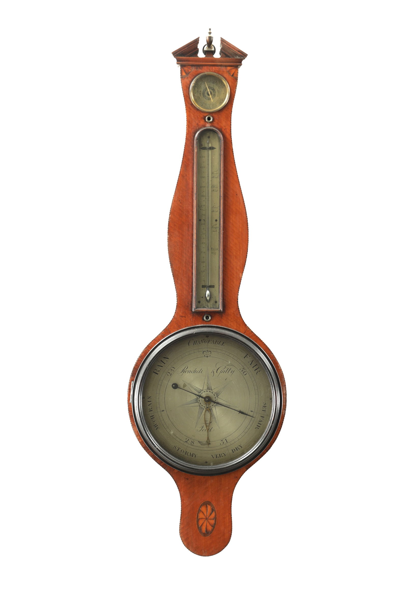 RONCHETI & GATTY. A GEORGE III INLAID SATINWOOD WHEEL BAROMETER (1 of 6)