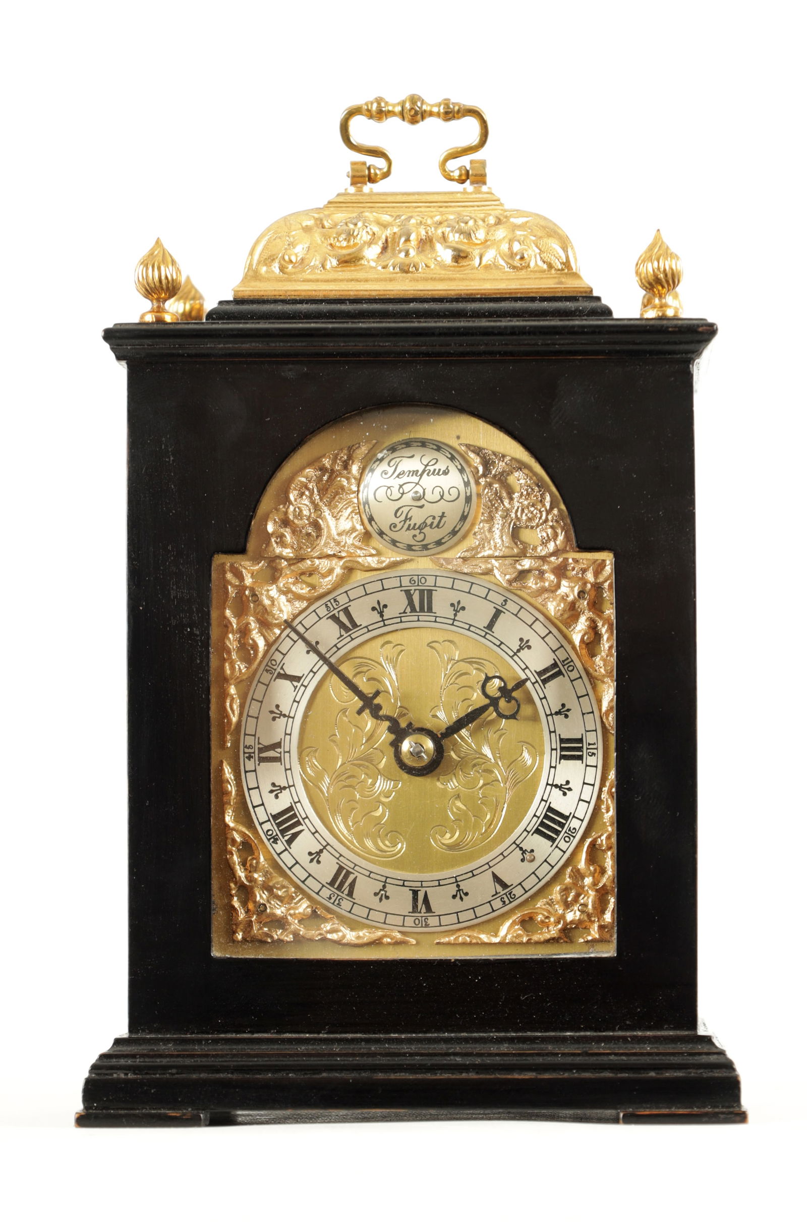 AN EARLY 20TH CENTURY MINIATURE GILT BRASS MOUNTED EBONISED BASKET TOP MANTEL CLOCK (1 of 6)