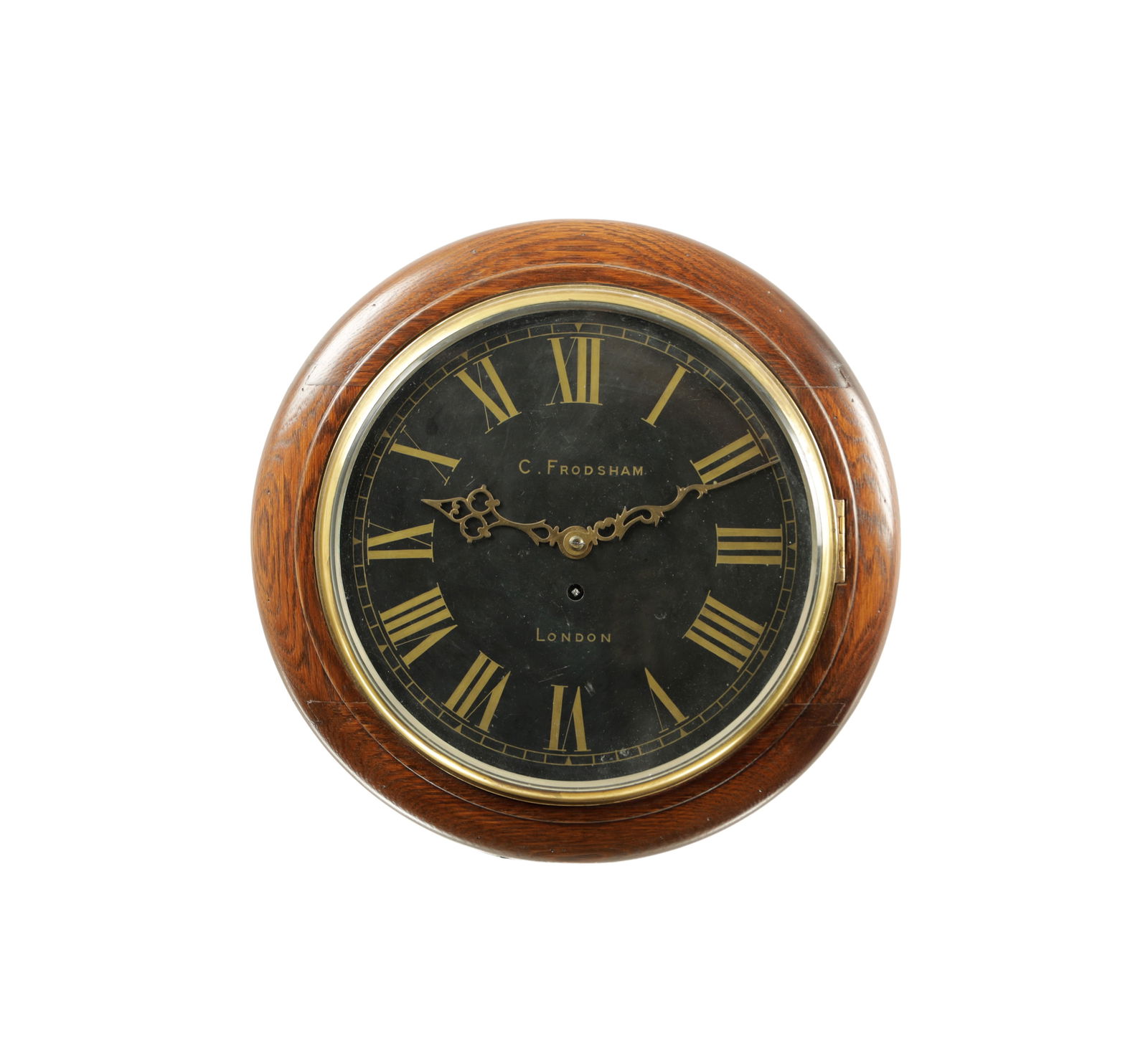 A LATE 19TH CENTURY BLACK DIAL FUSEE WALL CLOCK SIGNED C. FRODSHAM, LONDON: A LATE 19TH CENTURY BLACK DIAL FUSEE WALL CLOCK SIGNED C. FRODSHAM, LONDON having an oak moulded surround and cast brass bezel enclosing a 12" painted dial with gilt Roman numerals and pierced brass h