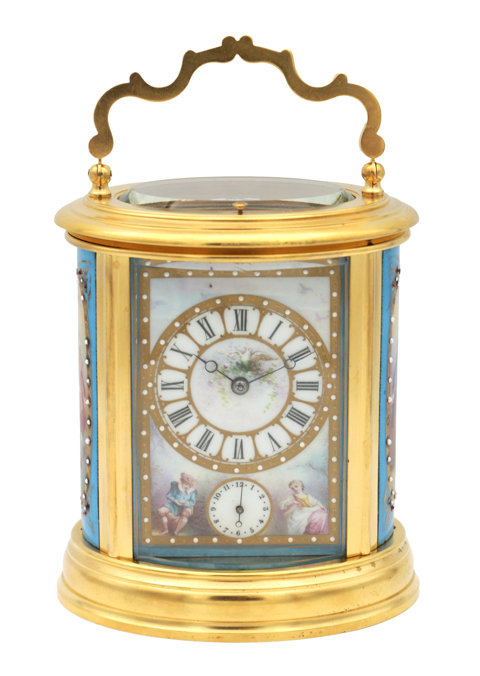A LATE 19TH CENTURY FRENCH OVAL PORCELAIN PANELLED REPEATING CARRIAGE CLOCK (1 of 10)