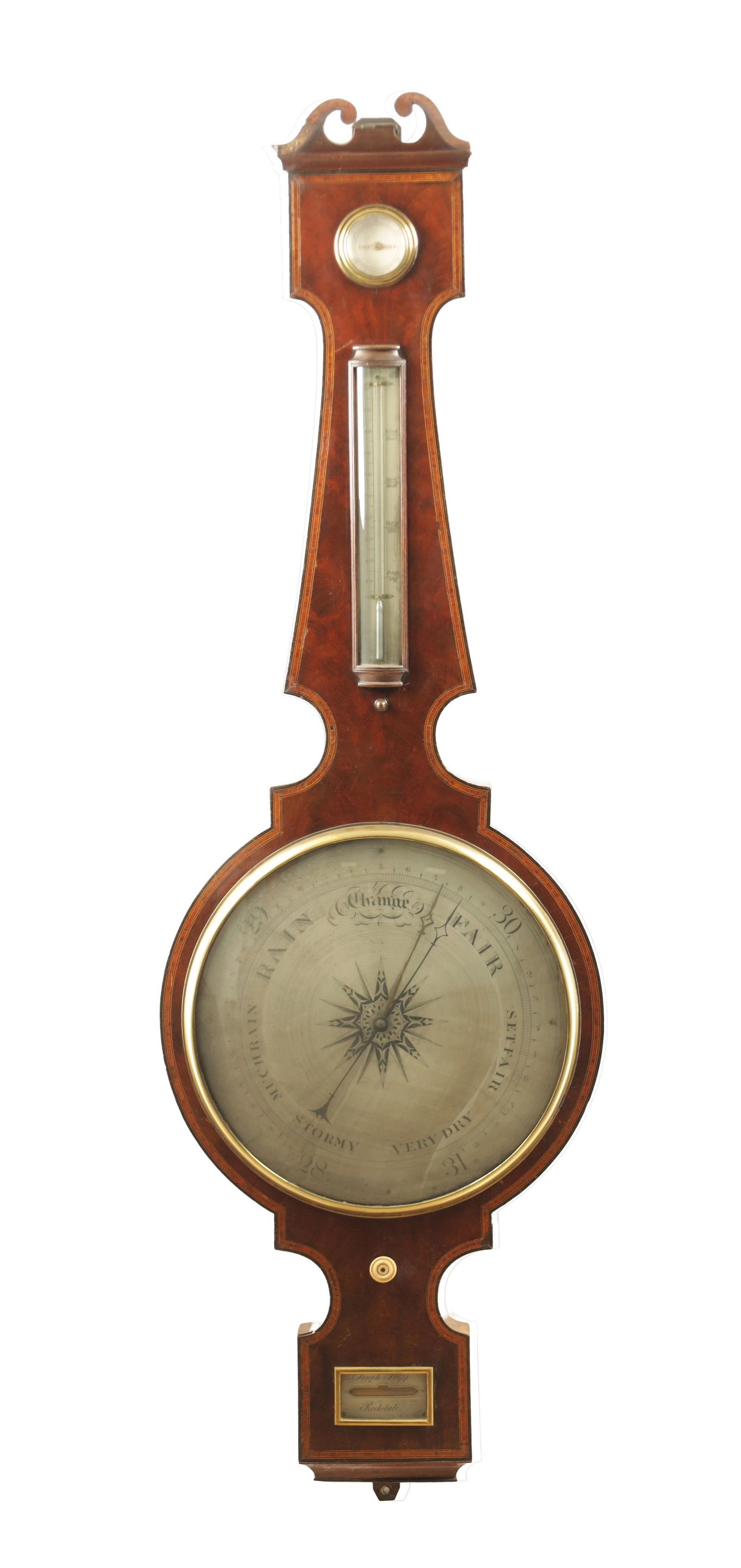 JOSEPH POZZI, ROCHDALE. AN OVERSIZED REGENCY 14" DIAL WHEEL BAROMETER: JOSEPH POZZI, ROCHDALE. AN OVERSIZED REGENCY 14" DIAL WHEEL BAROMETER having a figured mahogany case with kingwood crossbanding and swan neck pediment enclosing silvered calibrated dials for hydromete