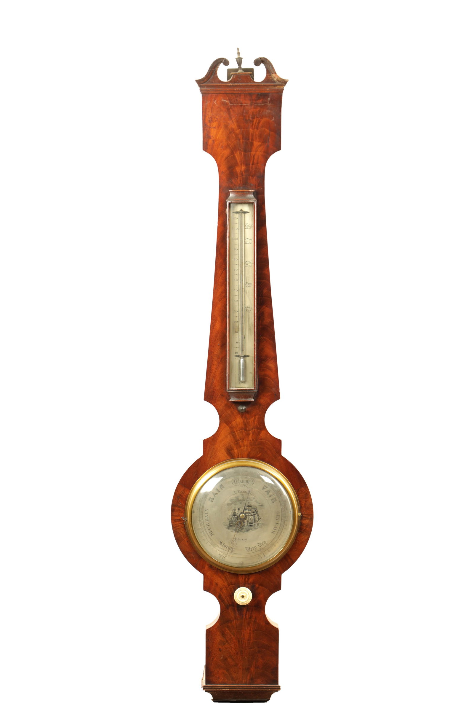 P. TARONI, JERSEY. A WILLIAM IV FIGURED MAHOGANY 6" DIAL WHEEL BAROMETER (1 of 2)